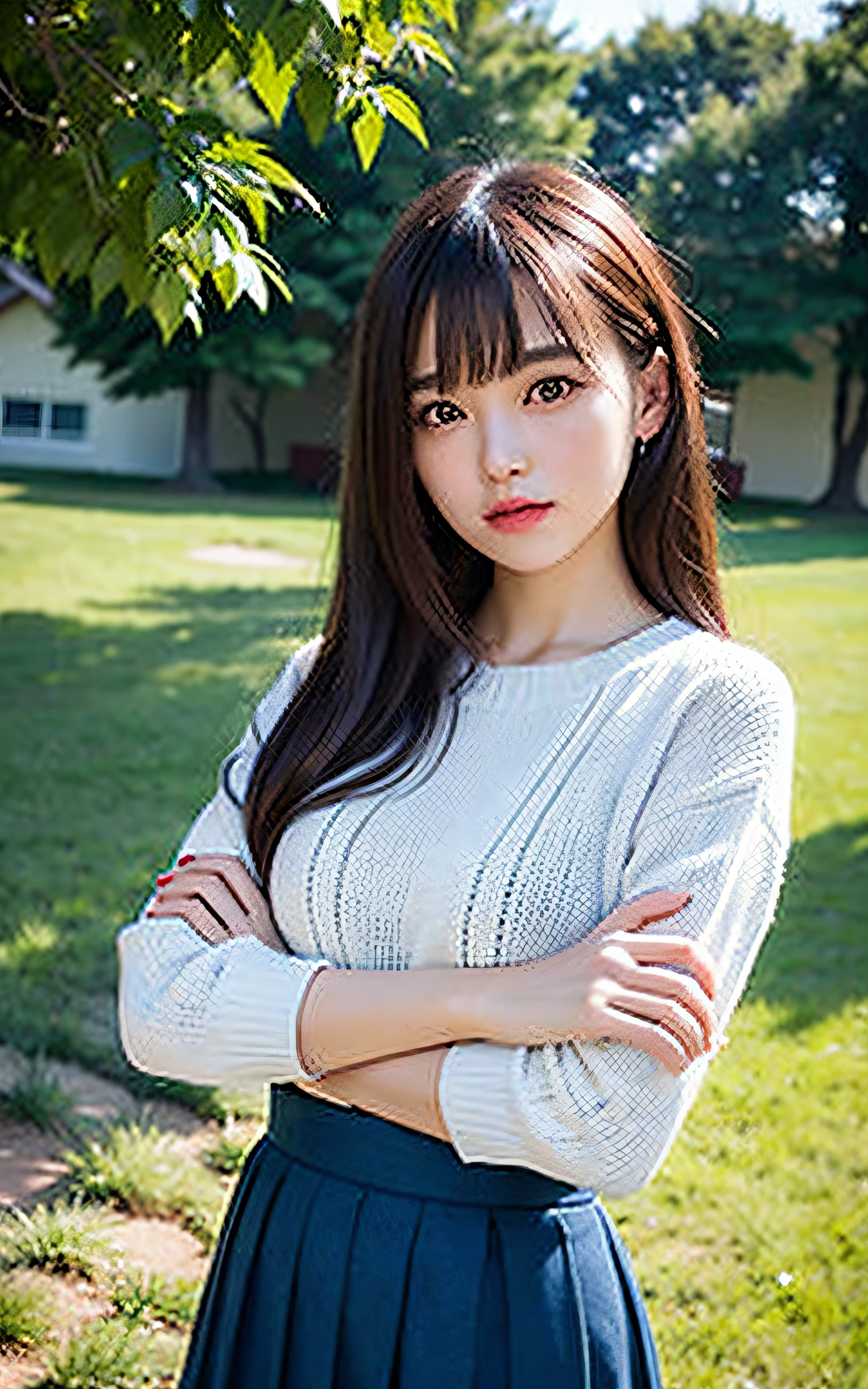 (Photo Real:1.4), (hyper realisitic:1.4), (realisitic:1.3), (Smooth lighting:1.05),  professional lighting, 1girl, neat and clean beauty, 16 years old. lovely, cute, girly, endure sorrow, sweater, long flared skirt, Warm light, Realistic lighting. Back lighting,  (Improved image quality:1.4).  (Finest Real Textured Skins). finely eye. Small face of thin daughter. mideum breasts. Pointed jaws. close up of face. Korean Idol, Gravure Idol Pose (Bodyline mood improvement:1.1). glowy skin, Nogizaka Idol, outdoors, park