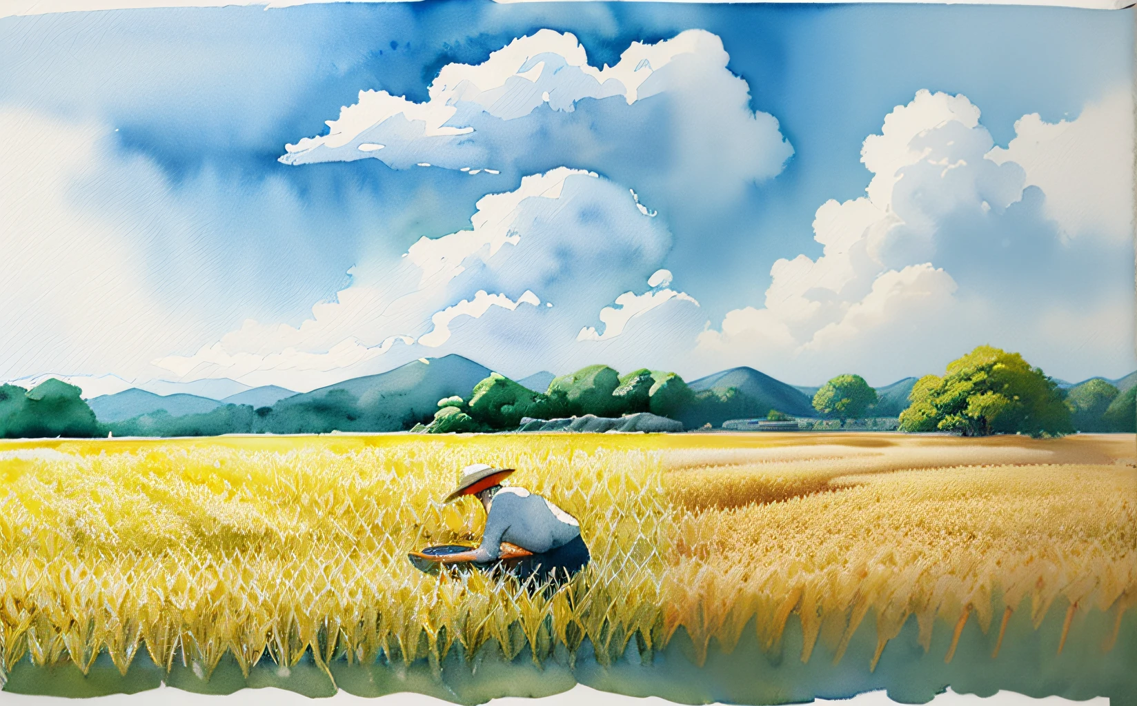 Drawing a man in a wheat field holding a red umbrella, rhads watercolor, japan harvest, hiroya oku painterly, detailed watercolour, author：Shin Yoon-bok, Inspired by Yasushi Sugiyama, a watercolor painting, on the vast wheat fields, author：Yang Borun, author：Kim Du Liang, author：Takeji Fujishima