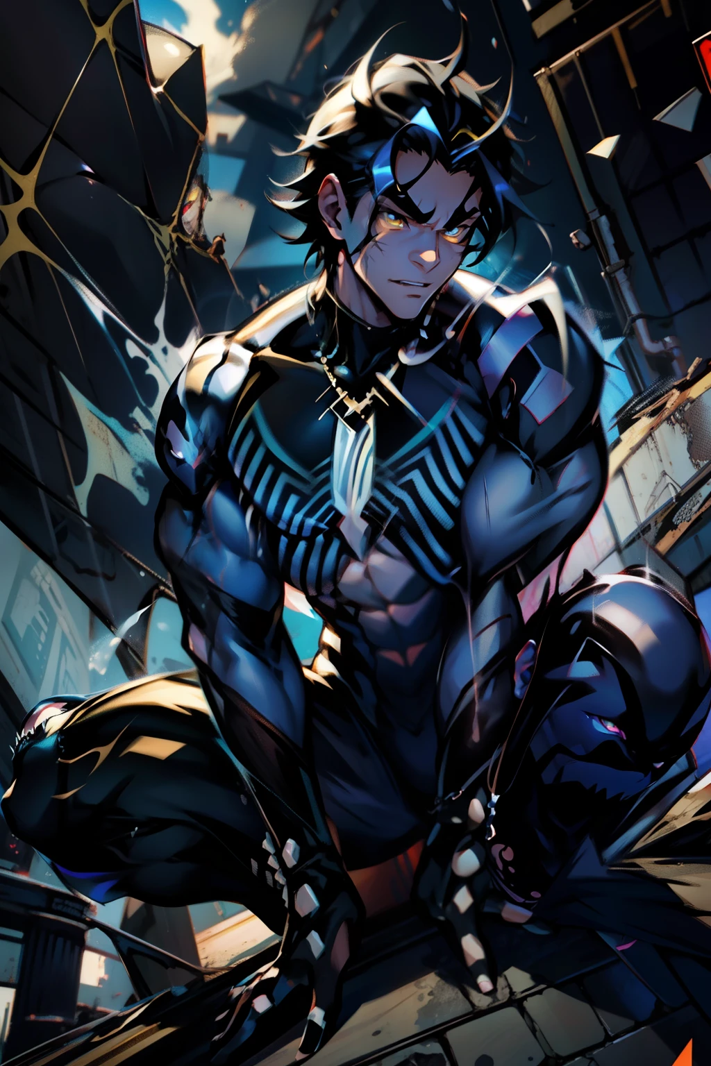 《the original god》Arataki Kazuto , male people， chest muscle， Sexy , Venom symbiote for your body, Black mucus of the body , into venom, venomize，Black bodysuit，（Cloak），Red cape，Abs，（Adult male）（（Venom possession，venom symbiote）），over-Tortoise Man，Battle damage，((Masterpiece)), ((Best quality)), Ultra detailed,((illustration)), Dynamic Angle, Detailed light, (Delicate eyes), Floating, 1boy, Male focus, Head, Clothing, Yellow eyes, necklace, tattoo, (Forehead:0.8), (ahoge:0.8), jewelry, brunette color hair,apathy，Ray， chest muscle， Sexy , Venom symbiote for your body, Black mucus of the body , （into venom）, Venom，frontage，Bust photo，White tight-fitting top，spiderman outfit，style of anime4 K， 4K anime wallpaper， Badass anime 8 K， 4 k comic wallpaper， young anime man， Anime boys， Anime wallpapers 4 k， Anime wallpaper 4K， High quality anime art style， Anime moe art style， Anime art wallpaper 8 K， Anime art wallpaper 4 K， RGB lighting，