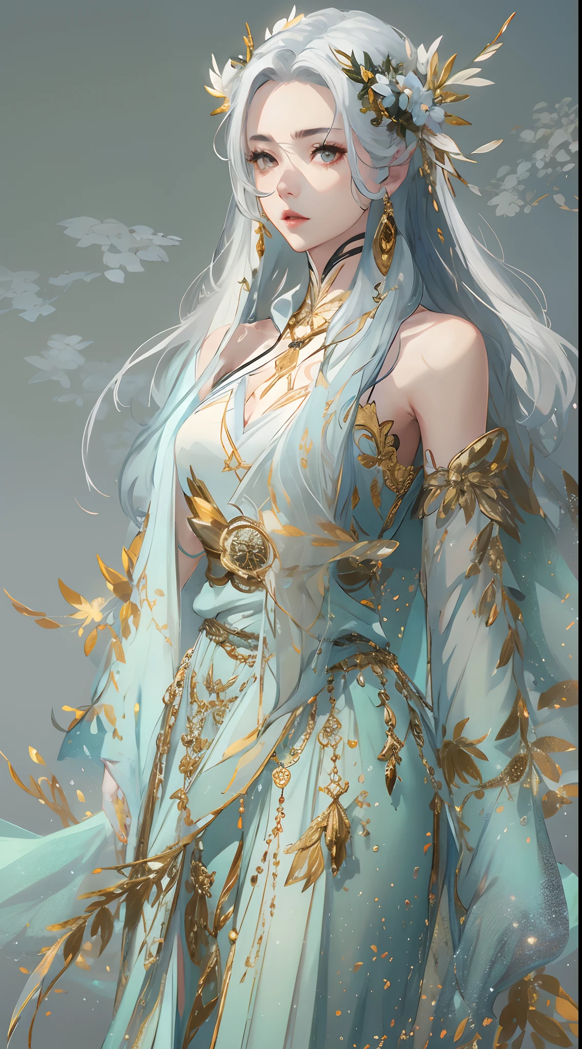 1 woman(Clear face)、Full body standing painting,独奏,Gorgeous costumes,long whitr hair、hair adornments,Transparent background,Game character costume design,high detal,cinematic colorgrade,Ultra photo realsisim,Digital SLR,white backgrounid,Ultra-high resolution,Sharp focus,tmasterpiece,hdr,8K,(The is very detailed的 CG unified 8k 壁纸)