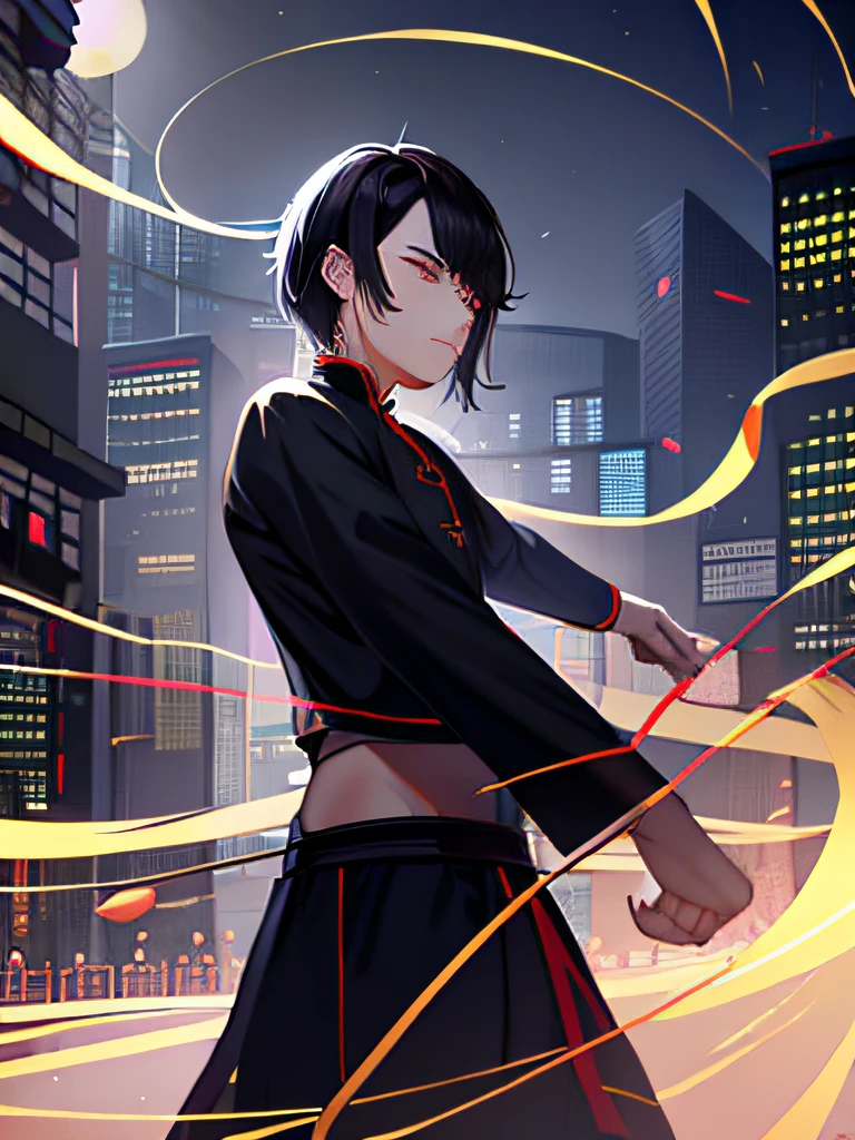 A man with short black hair，Wearing Taoist  from the Tang Dynasty，Holding a large rectangular sword，Eyes resolute，Lianwu Square in the early morning background，The square is paved with bluestone，A group of little fans around