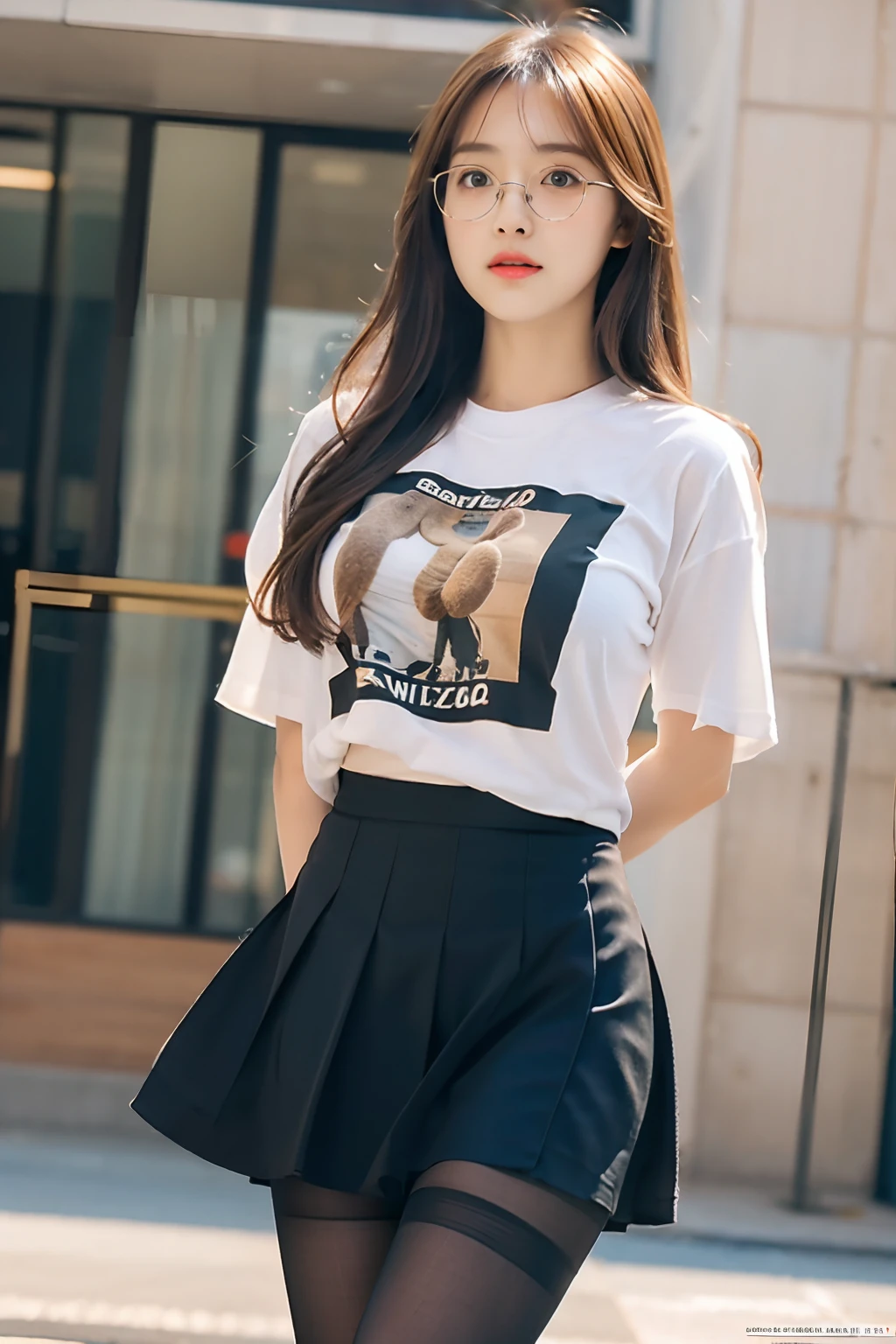 ulzzang-6500-v1.1,(raw photo:1.2), (photorealistic:1.4), beautiful detailed girl, very detailed eyes and face, beautiful detailed eyes, ridiculous, incredibly ridiculous, huge file size, super detailed, high resolution, very detailed, best quality, masterpiece, ((t-shirt)), illustration, very detailed, CG, unified, 8k wallpaper, amazing, fine details, masterpiece, Best quality, very detailed CG unified 8k wallpaper, face light, movie lighting, 1girl, , long white hair, side split, (big breasts), (no panties)), (with glasses), (dynamic pose), (sexy pose), ((camel toe))), (half), ((pantyhose)), ((black hip skirt)), (bent knees)))))
