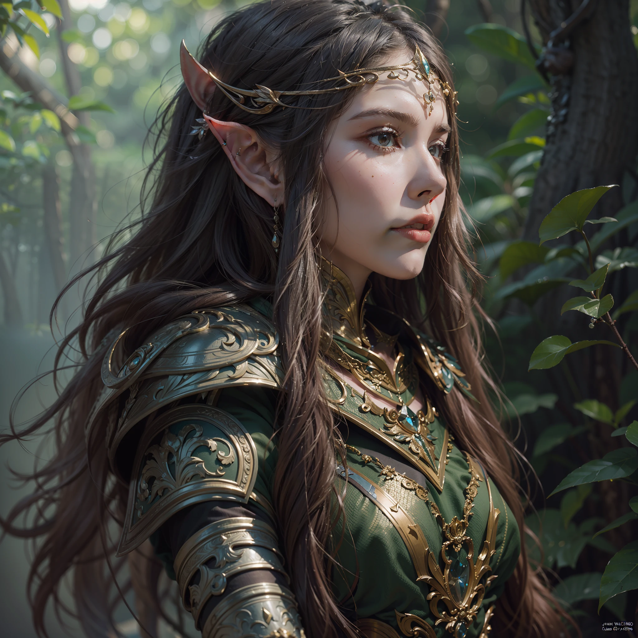 Beautiful portrait painting of perfect female elf warrior, shapeless long hair, perfect features, (wearing ornate elven armor), abstract beauty, near perfection, pure form, dynamic pose, ethereal background, (deep dark shadows), cinematic lighting, concept art by Greg Rutkowski and John William Waterhouse, intricate detail, 8k post-production, High resolution, super Detail, trending on ArtStation, sharp focus, depth of field f/1.8, studio photos.