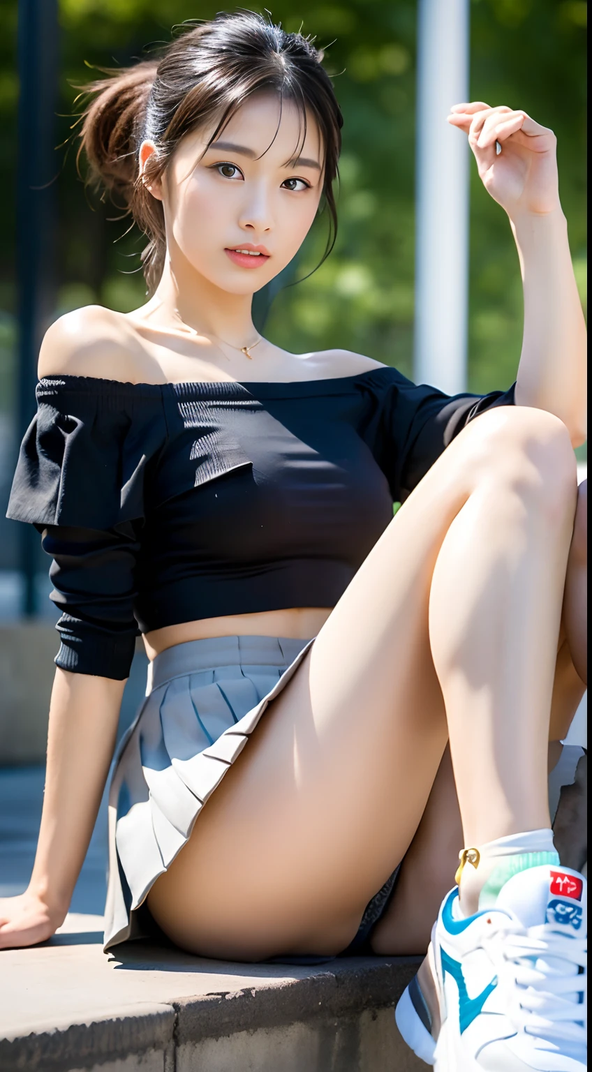 ((Best picture quality, 8K, tmasterpiece:1.3)), 1girll, Casual hairstyle, （off-shoulder blouse，Short pleated skirt：1.3）,（wet see through clothes：1.4），Ultra-fine face, A detailed eye, 二重まぶた，（long leges：1.4），（athletic sneakers：1.3）Erlang legs，Sit sideways on a high platform