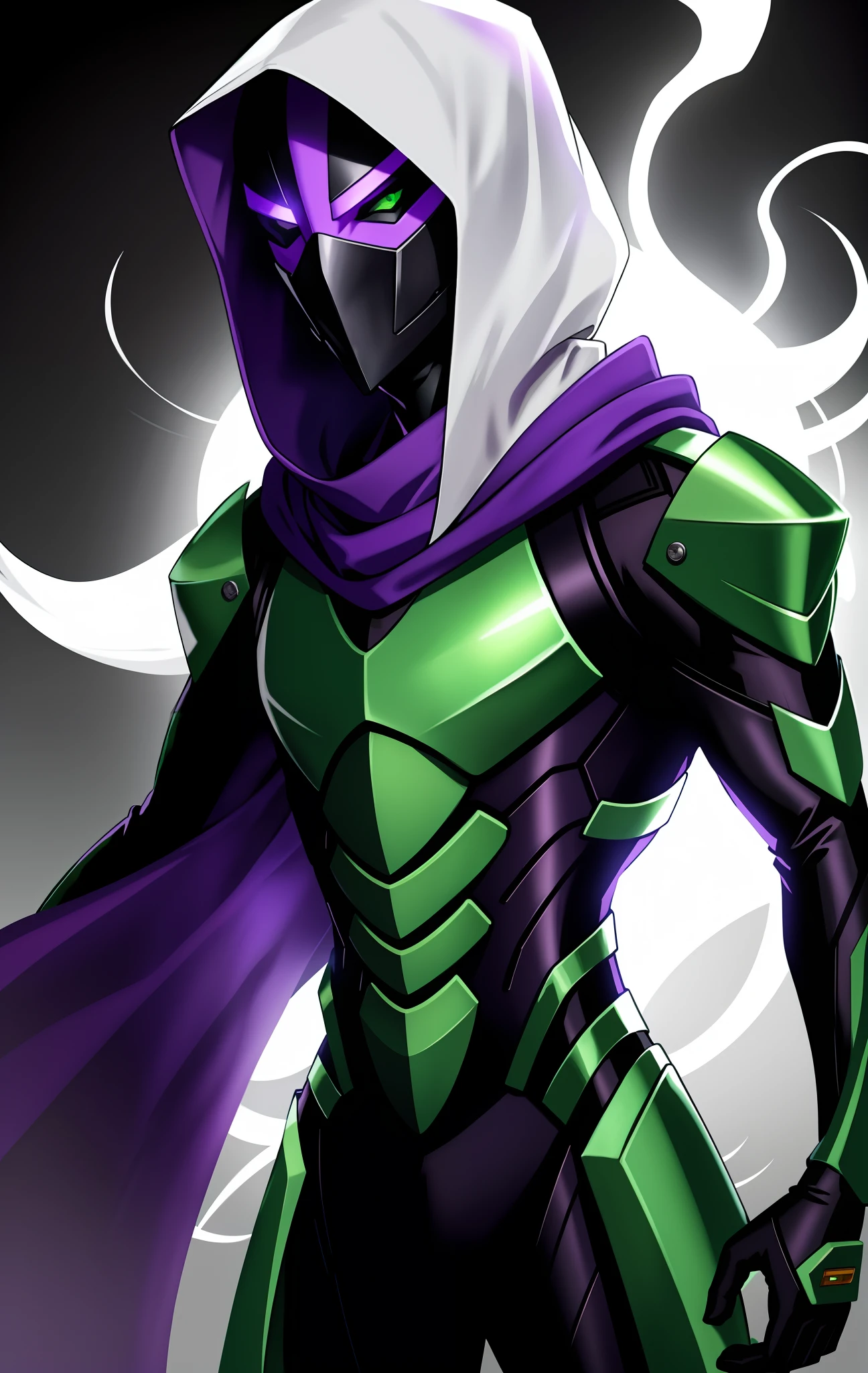 male, 20 years old, pale skin, long white hair, radiation containment suit, evil look, green eyes, very thin, sick, with hood, black suit, with purple smoke around, with purple scarf, wearing steel mask that covers the whole face, villain