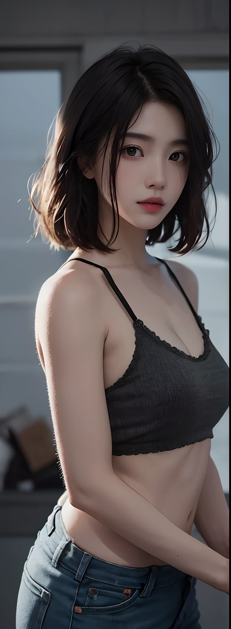 best qualtiy， tmasterpiece， 超高分辨率， （realisticlying：1.5）， RAW photogr， 1girll， bshoulders， in the darkness nigth， deep shading， low tune， cold light， Sexy look， short detailed hair