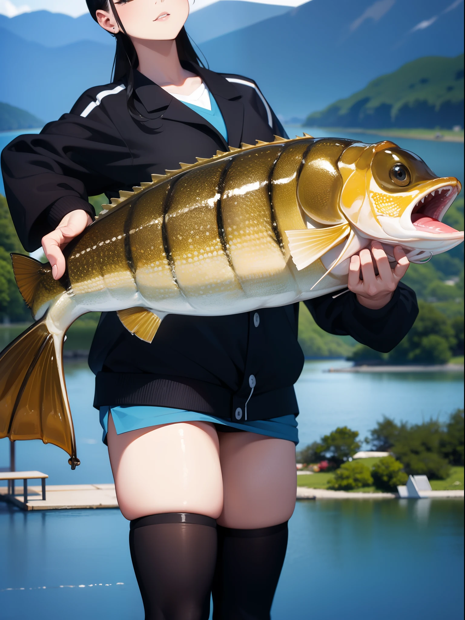 ((((Catching a large mouth bass by the lake)))),((Best quality, Masterpiece :1.3)),hight resolution,ultra-detailliert,Official art,Beauty and aesthetics,​masterpiece,best qualtiy,ighly detailed,1 japanese girl,black hair, long eye-lashes, solid circle eyes, Expressionless, drop shadow, atmospheric perspective,super detail, ccurate, best quality, small breasts,black jacket,