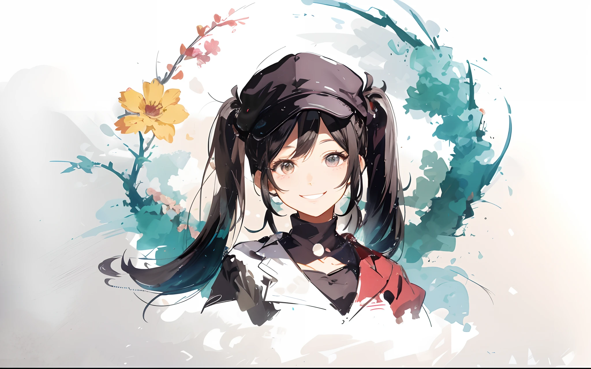 tmasterpiece，best qualtiy，Draw a girl with a ponytail and hat, she's smiling, in an anime style, and she smiling，Very happy, She wears a cap, with black pigtails, as an anime character, [ Digital art ]!!, drawn in microsoft paint, [[[[grinning evily]]]], Smiling girl