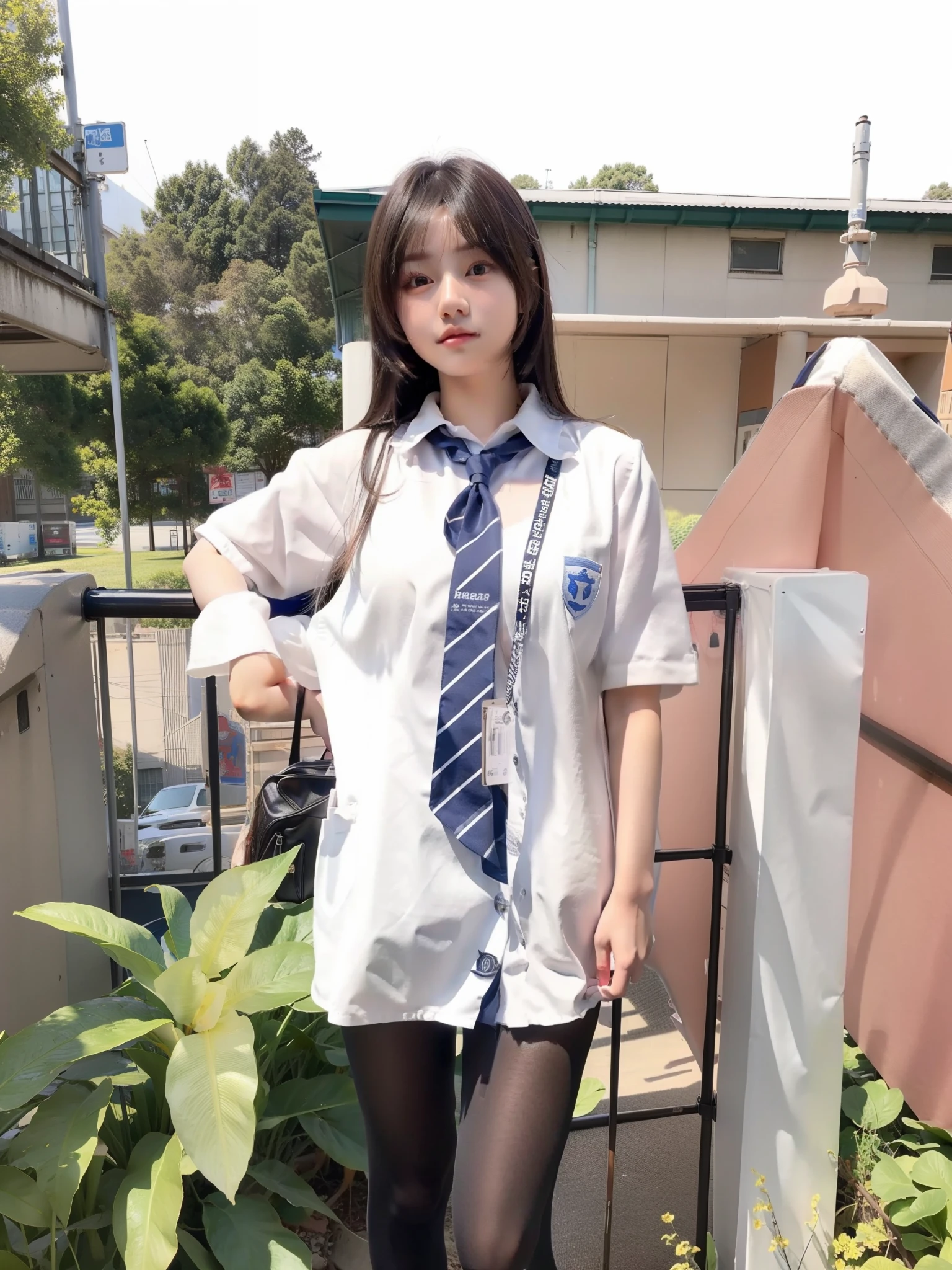 A cute age girl with bangs on school dress, sunlight shining on her, realistic, lookalike, look alike