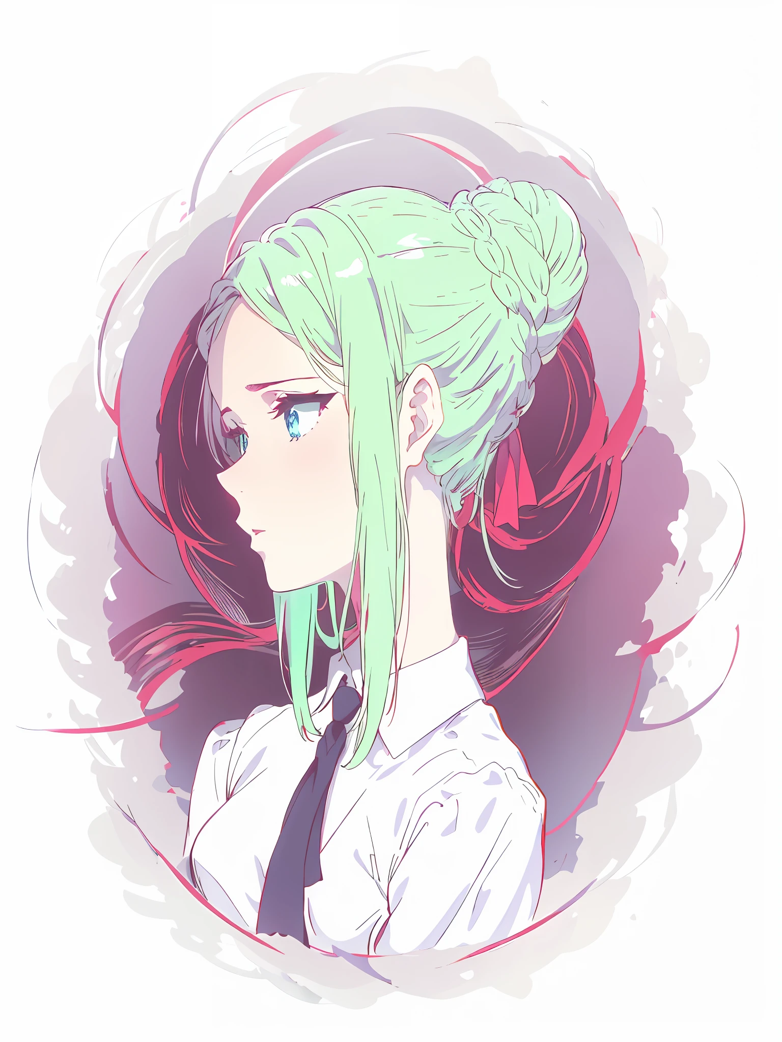 Anime femme avec des cheveux verts clairs avec une cravate noire en chemise blanche, dark blue eyes, Profil de Anime Girl, dans un style anime, Style d'anime subtil, Personnage de style anime, Profil portrait de femme d'anime, petite tresse qui va vers son chignon, ruban rouge qui passe dans sa tresse, chignon haut, boucle d'oreille petite ronde et noire, pas de sourire, serious expression, background avec des fils blancs, dark purple background, Look to the side, light that comes from the left of the image