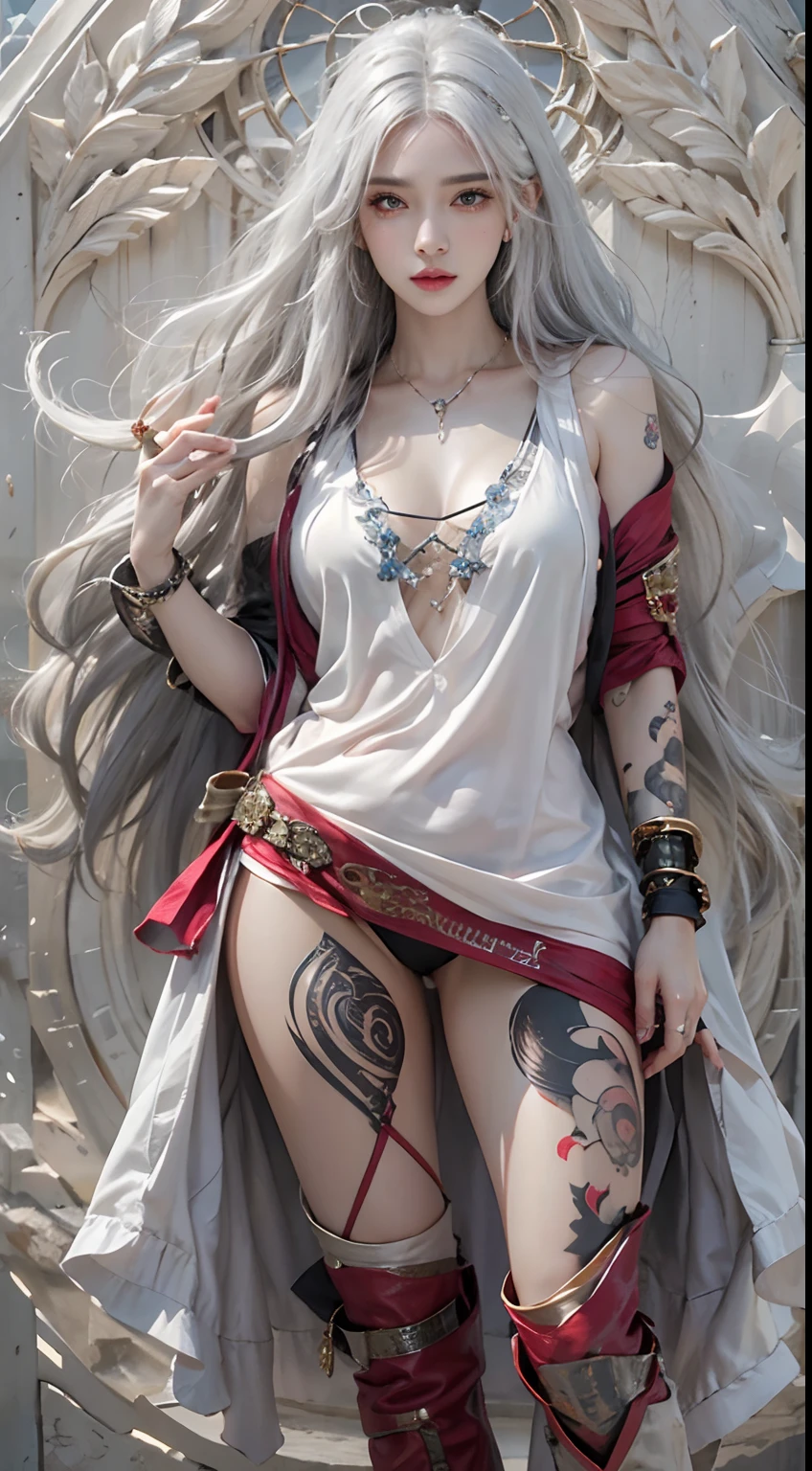 photorealistic, high resolution, 1women, solo, hips up, look at viewer, (detailed face), white hair, sorcerer, casting spell, jewelry, tattoo