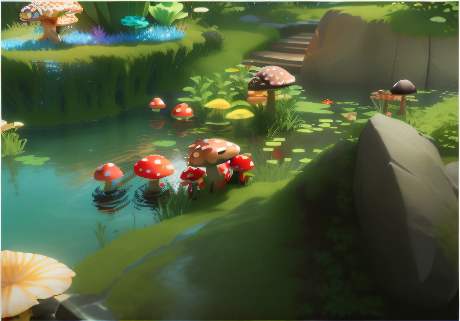 There are a lot of mushrooms in the water near the rocks, stylized as a 3d render, stylized 3d render, Stylized concept art, 3 d render stylized, rendered in unrealengine, rendered in unrealengine, Stylized game art, rendered in unity 3 d, stylized pbr, Unreal Engine renders concept art, 3 d stylize scene