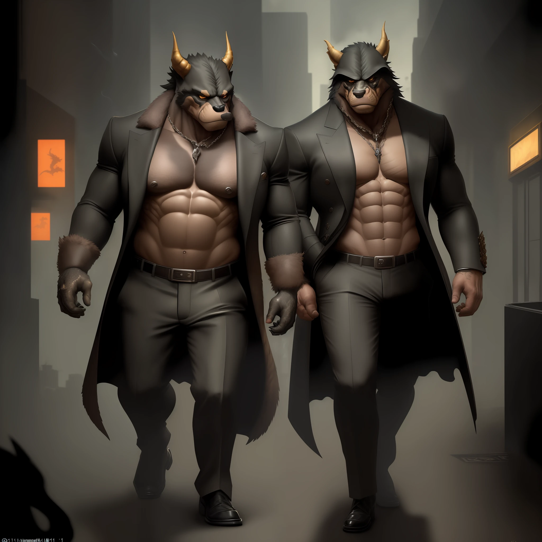 Masterpiece, (Ultra Detailed), (Animal Anthropomorphism), Gangster Theme, dragon, Handsome, Trench Coat, Dim Lights, Smoke, Shadow, Corrupt Cityscape, Highest Quality, Single Focus, (skimming: 1.1), Muscle Man, Full Body, Intricate (High Detail: 1.1) Unreal Engine.