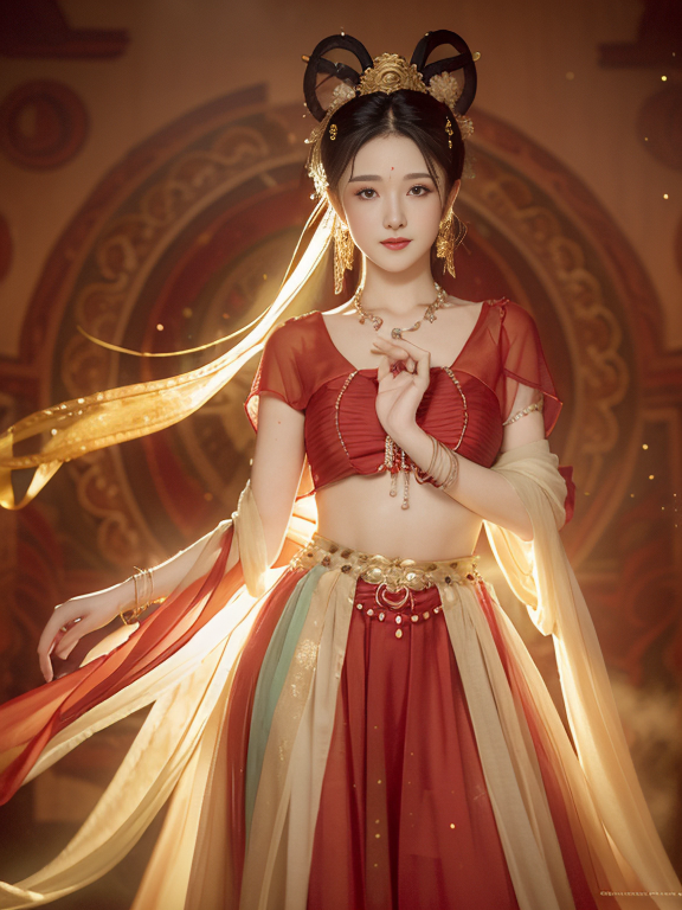 (8k, RAW photo, best quality, masterpiece:1.2), (realistic, photo-realistic:1.4), (extremely detailed CG unity 8k wallpaper), (1 girl:1.5), Western beauty, (Red clothes: 1.4), red spots on forehead, pale skin, blush, big eyes, full body, thighs, open navel, gold waist chain, gold jewelry, flying ribbons, particles, background is Loulan ancient city, ancient city wall, desert, dance, dunhuang_dress, dunhuang_style,