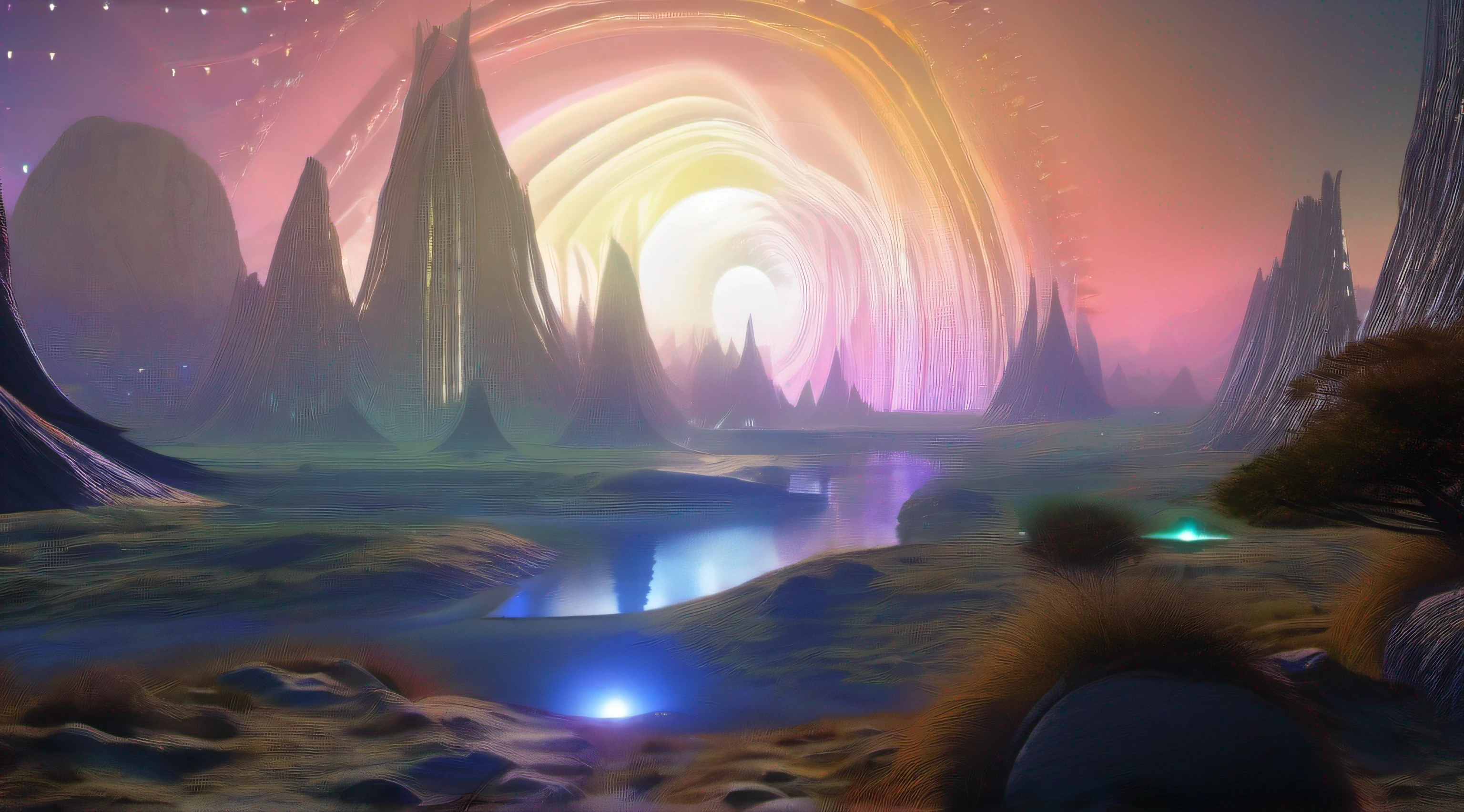 Nave espacial, alien, formas ovais, translucent metal, landing on a base of a planet in another galaxy, ambiente noturno, auroras, fractal, whisps, raios, Distant lands with alien vegetation, detalhes intrincados, Fictional art, arte de Clemilton Barbosa, premiado, obra prima, 16K