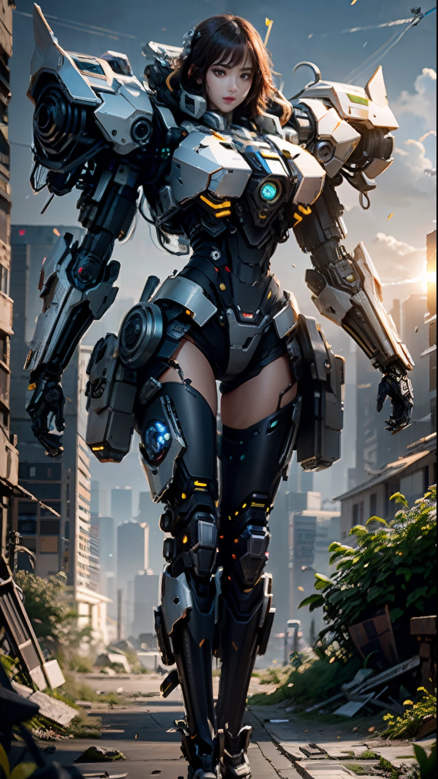 ((best qualtiy)), ((tmasterpiece)), (The is very detailed:1.3), 3D, Shitu-mecha, Beautiful cyberpunk woman with her mech in the ruins of the city of the forgotten war, Black openwork stockings,Ancient Techniques, HDR(HighDynamicRange), Ray traching, NVIDIA RTX, Hyper-Resolution, Unreal 5, sub surface scattering, PBR Texture, post-proces, Anisotropic filtering, depth of fields, Maximum clarity and sharpness, Many-Layer Textures, Albedo e mapas Speculares, Surface Coloring,Accurately simulate light-material interactions,perfectly proportions,rendering by octane,twotonelighting,Low ISO,White balance,trichotomy,Wide aperture,8K RAW,High-Efficiency Sub-Pixel,sub-pixel convolution,Luminous Particle,Light scattering,Tyndall effect