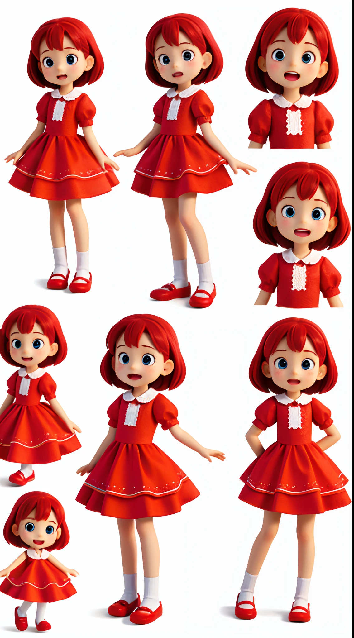 character, multiple poses and expressions, 6 years old, , red clothes, children book, illustration style, full body