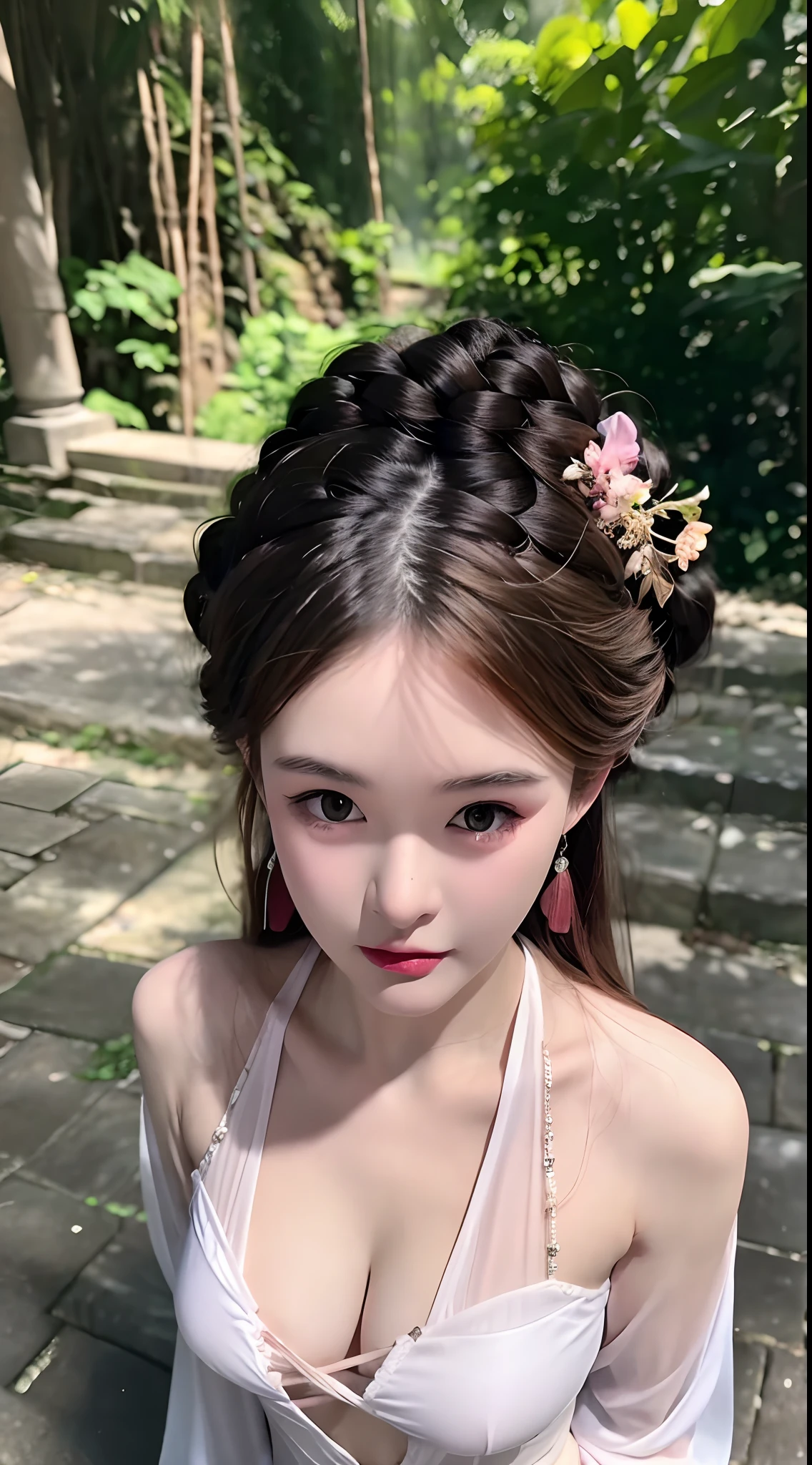 1 realistically beautiful girl, waist length hair, black eyes, ancient Ao Dai, style hanfu, wearing a thin silk shirt of ancient China, pink and smooth white skin, wearing a discreet ancient style ao dai, appears shoulders and head in the photo, plump red lips, pout, mouth shut, embarrassed, small face makeup detailed and very beautifull, The breasts are super round and tight, breast augmentation, blum boobs, Cover the girl's chest with a camisole inside, blush, from front, wear earrings, necklaces, from above, looking at viewer, upturned eyes, full body, masterpiece, top quality, best quality, official art, unity 8k wallpaper, highres, ultra-high res, ultra-detailed, (photorealistic:1.2), alone, solo, Only 1 girl, style hanfu Dunhuang, 10x pixels, super realistic, ultra high quality, full body view of the girl, upper body,