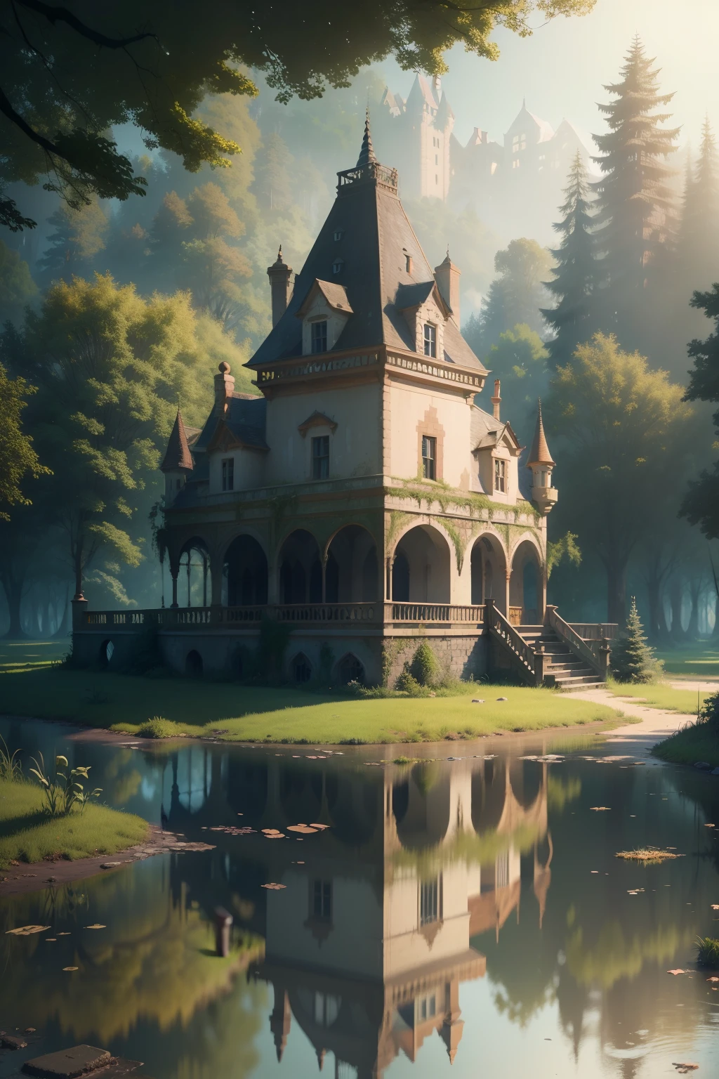 Old painting style, Abandoned overgrown castle mansion in the forest, Supersaturation, princess tower, gazebo, Balcony, Colorful, Highly detailed, high resolution, ray-traced reflection, Dramatic lighting, 8k vibrant colours, Detailed acrylic, intricate complexity, soft natural volumetric cinematic perfect light, Oil painting