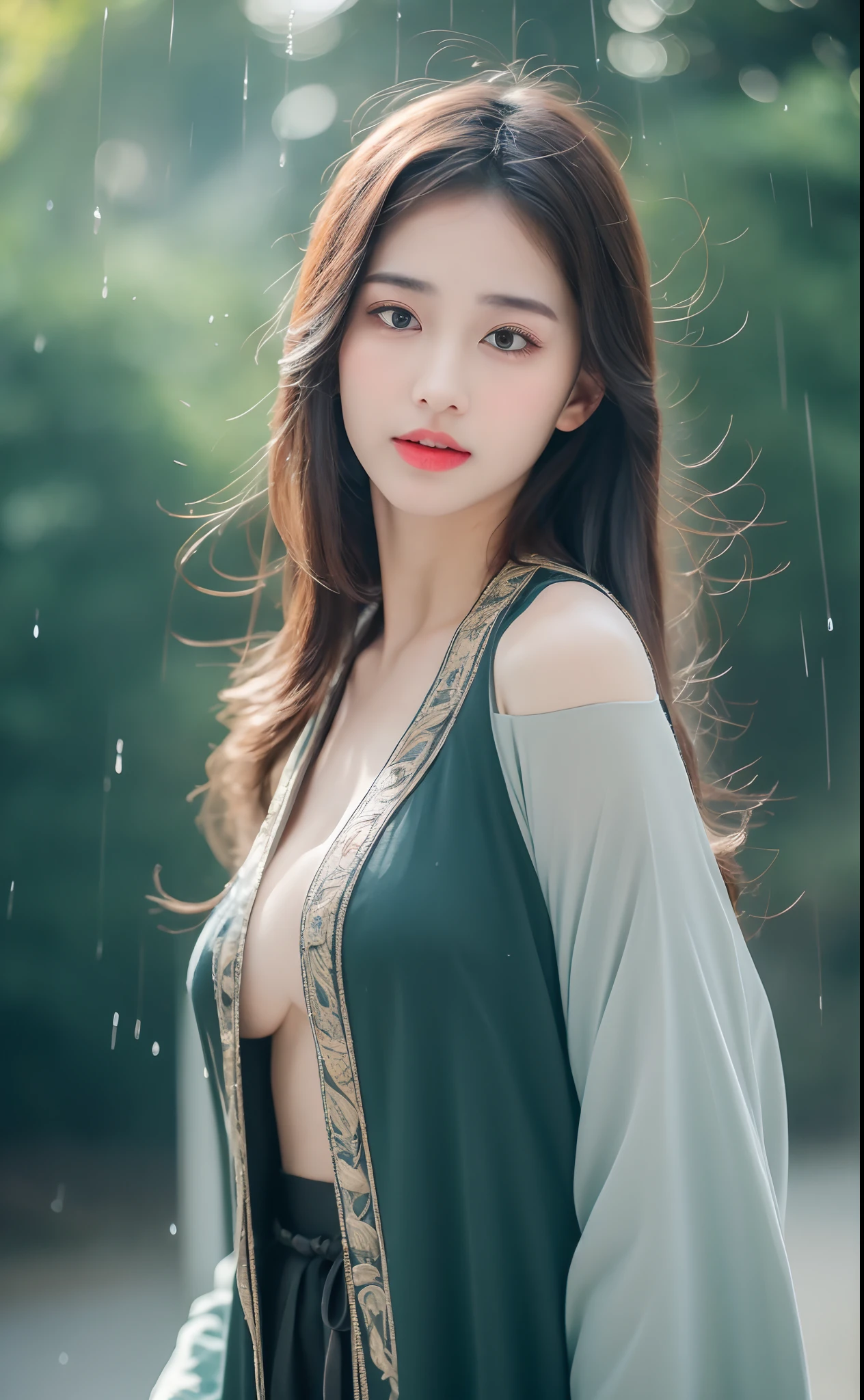 ((Best Quality, 8k, Masterpiece: 1.3)), Focus: 1.2, Perfect Body Beauty: 1.4, Buttocks: 1.2, ((Layered Haircut)), (Wet Clothes: 1.1), (Rain, Street:1.3), (Breasts: 1.2), (Hanfu: 1.2), Bare Shoulders, Bare Legs, Highly Detailed Face and Skin Texture, Fine Eyes, Double Eyelids, Whitened Skin, Long Hair, (Shut Up: 1.5), (Bokeh Background: 1.5), Big Breasts
