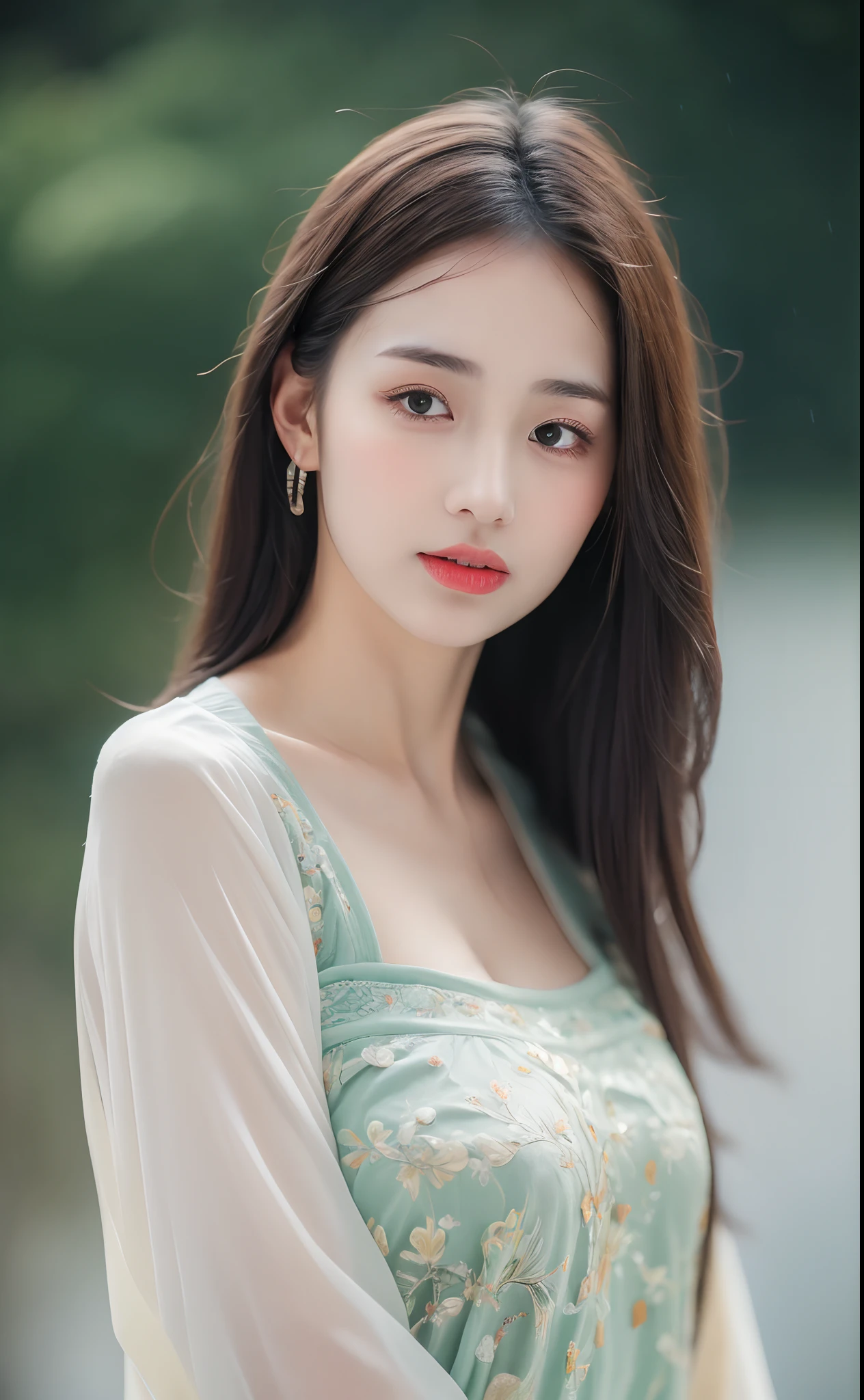 ((Best Quality, 8k, Masterpiece: 1.3)), Focus: 1.2, Perfect Body Beauty: 1.4, Buttocks: 1.2, ((Layered Haircut)), (Wet Clothes: 1.1), (Rain, Street:1.3), (Breasts: 1.2), (Hanfu: 1.2), Bare Shoulders, Bare Legs, Highly Detailed Face and Skin Texture, Fine Eyes, Double Eyelids, Whitened Skin, Long Hair, (Shut Up: 1.5), (Bokeh Background: 1.5), Big Breasts