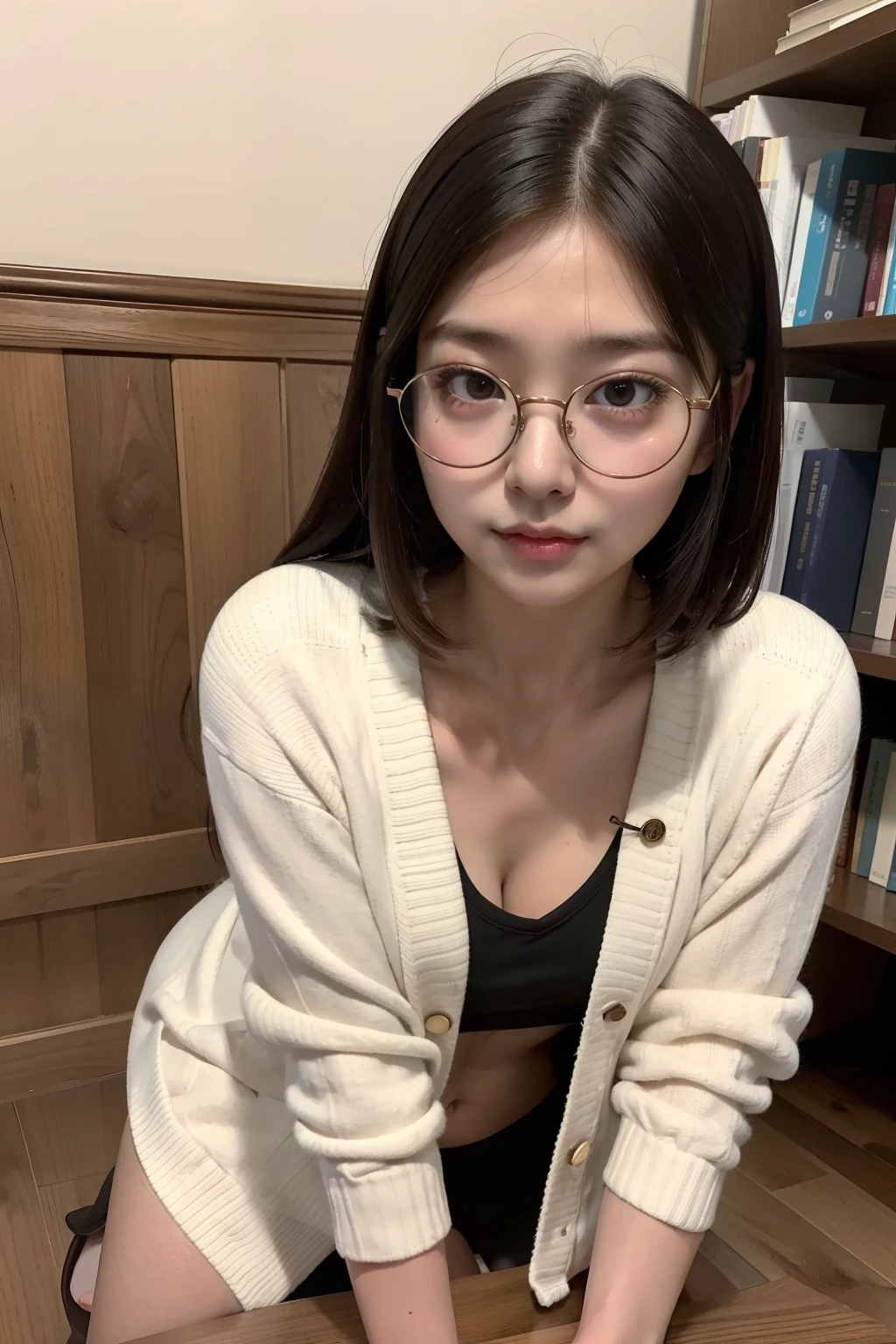 Photo Real、photoRealstic　Dark hair、bangss　drooing eyes、with round face、The contours of the face are round、Plump cheeks、small mouth、a baby face　eye glasses、Round glasses、Big glasses、Black-rimmed glasses、Beige cardigan　School teacher、30-years old、japanes、tiny body、Young Face、Soft thighs、vaginal、Female genitals、clit、cunt、Semen、erogenous zone　Staring at this、Leaning against the bookshelf、Blushing、Bold poses、erotic posing、masturbation、SEX、sexual act、dildo、Sperm、Omorashi、pee　Background with、bookcase、Timber wall、wood floor、Dark place