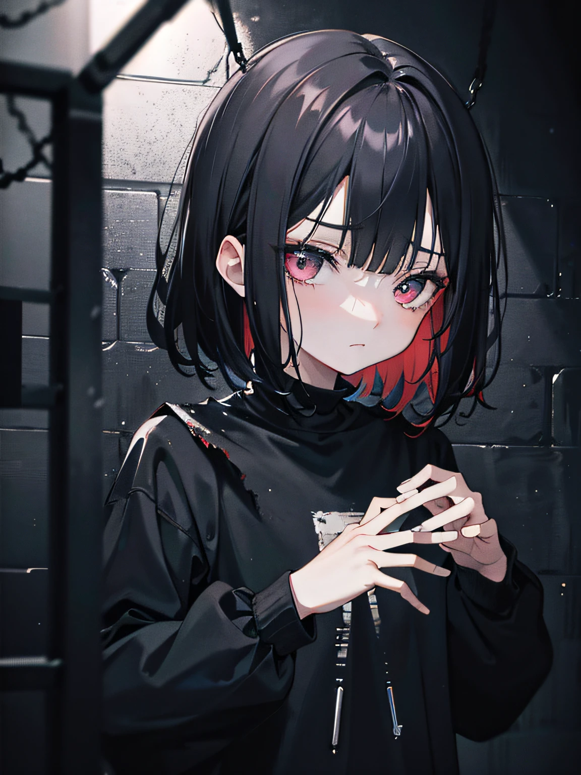 1girll,Background basement,jail cell,Gloomy room,torn outfit,Hands are tied,sad expressions,weeping,Black crowd,dark,funk,Survival