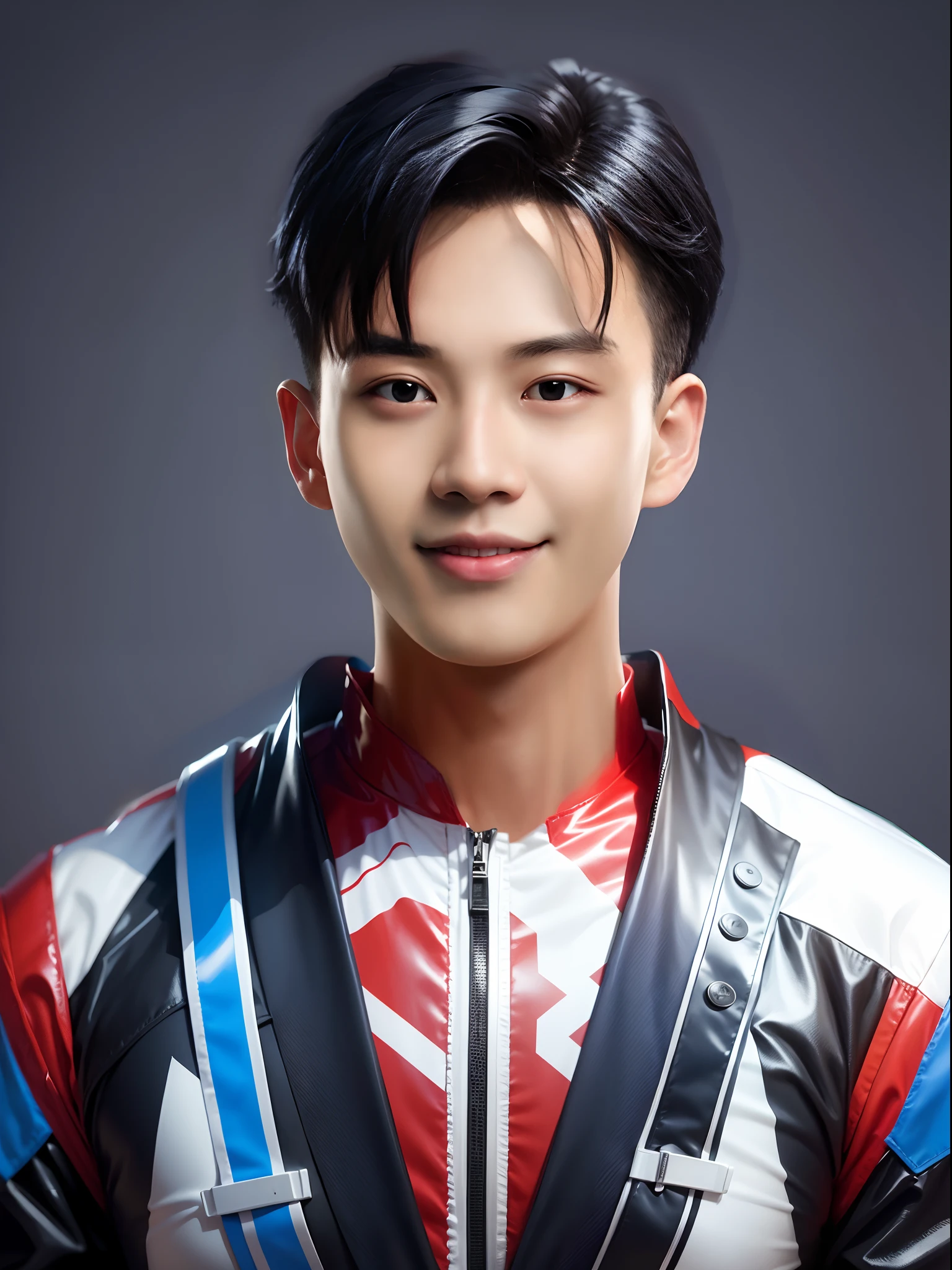 A handsome Chinese boy,Wearing PVC red and blue game suits,Neat black hair,greybackground