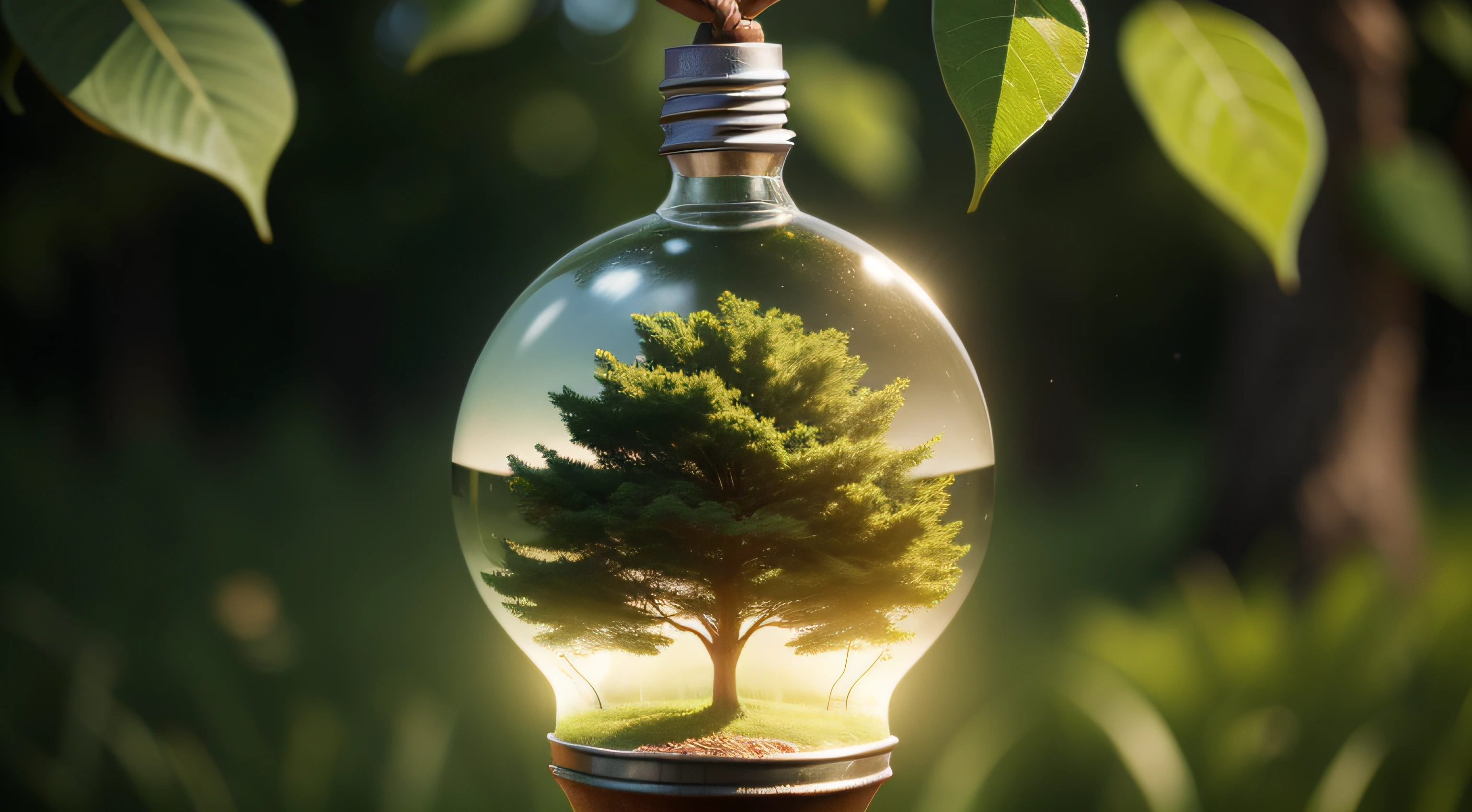 A small tree born on a light bulb with icons light bulb for renewable, sustainable development over blurred green nature background