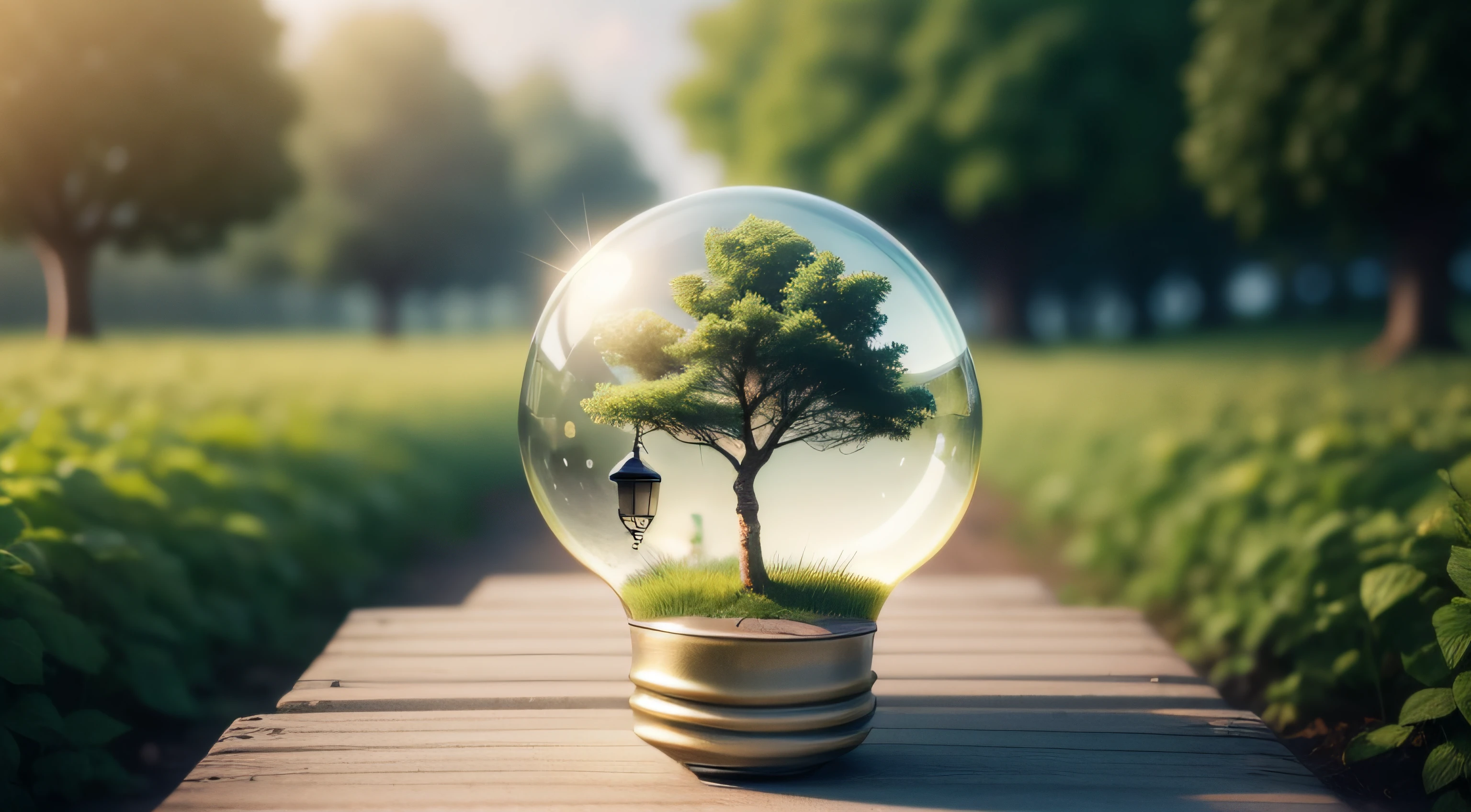 A small tree born on a light bulb with icons light bulb for renewable, sustainable development over blurred green nature background