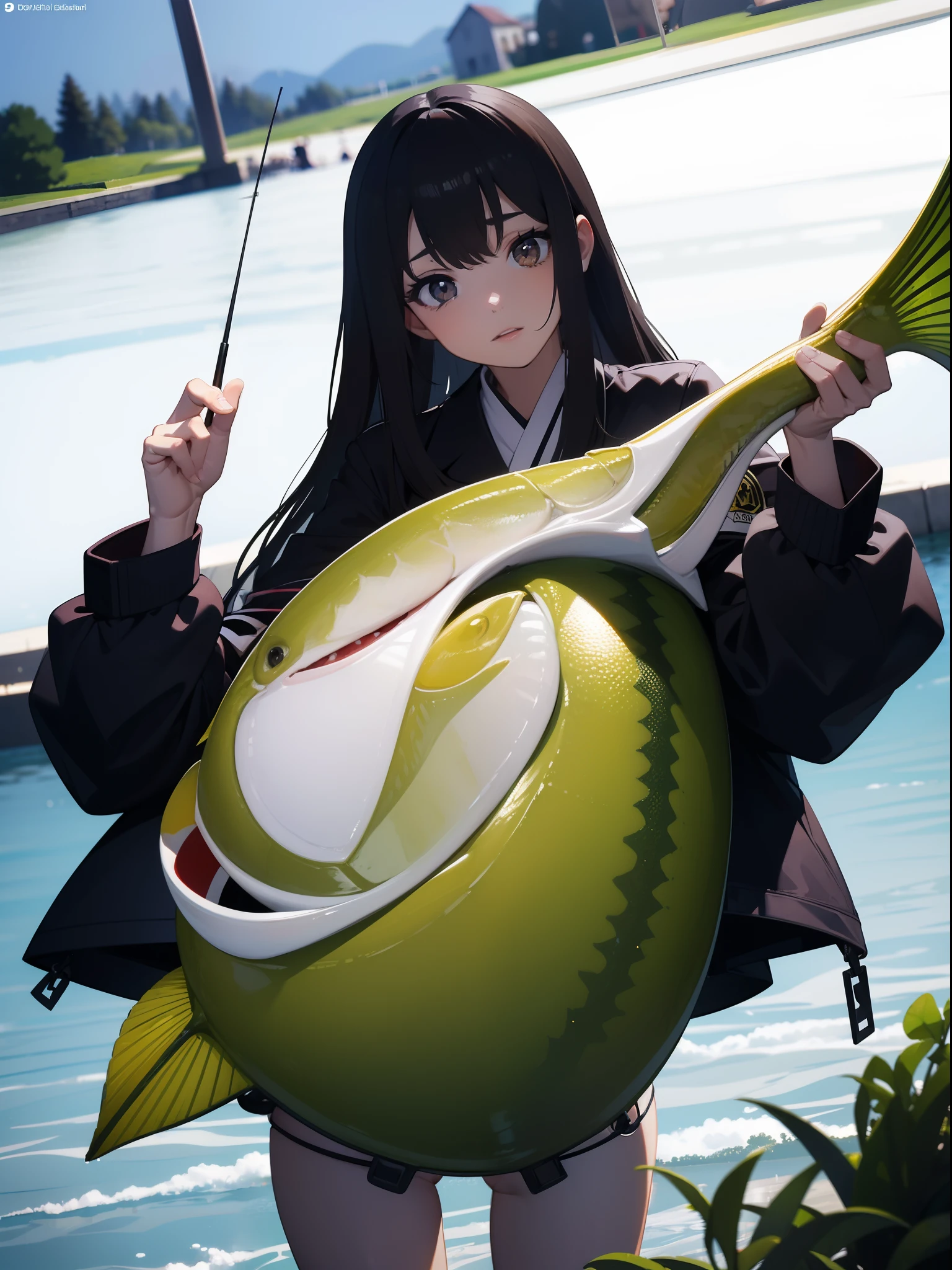 ((((Catch large mouth bass by the lake)))),((Best Quality, masutepiece :1.3)),hight resolution,ultra-detailliert,Official art,Beauty and aesthetics,masterpiece,best qualtiy,ighly detailed,1 japanese girl,Black hair, long eyeslashes, Solid Circle Eyes, deadpan, drop shadow, Atmospheric perspective,Super Detail, ccurate, Best Quality, small tits,Black jacket,