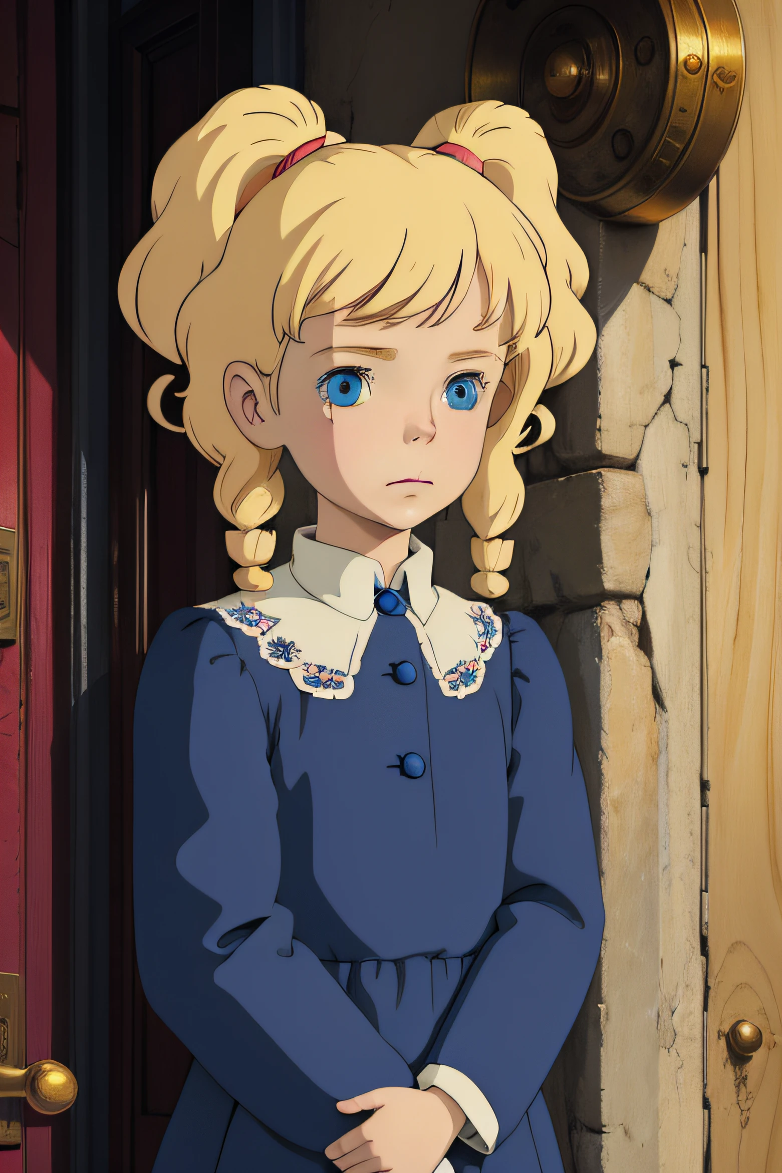 character, a blonde young girl, blue eyes, mysterious, have a bunny with red buttons eyes, blonde curly hair, .
