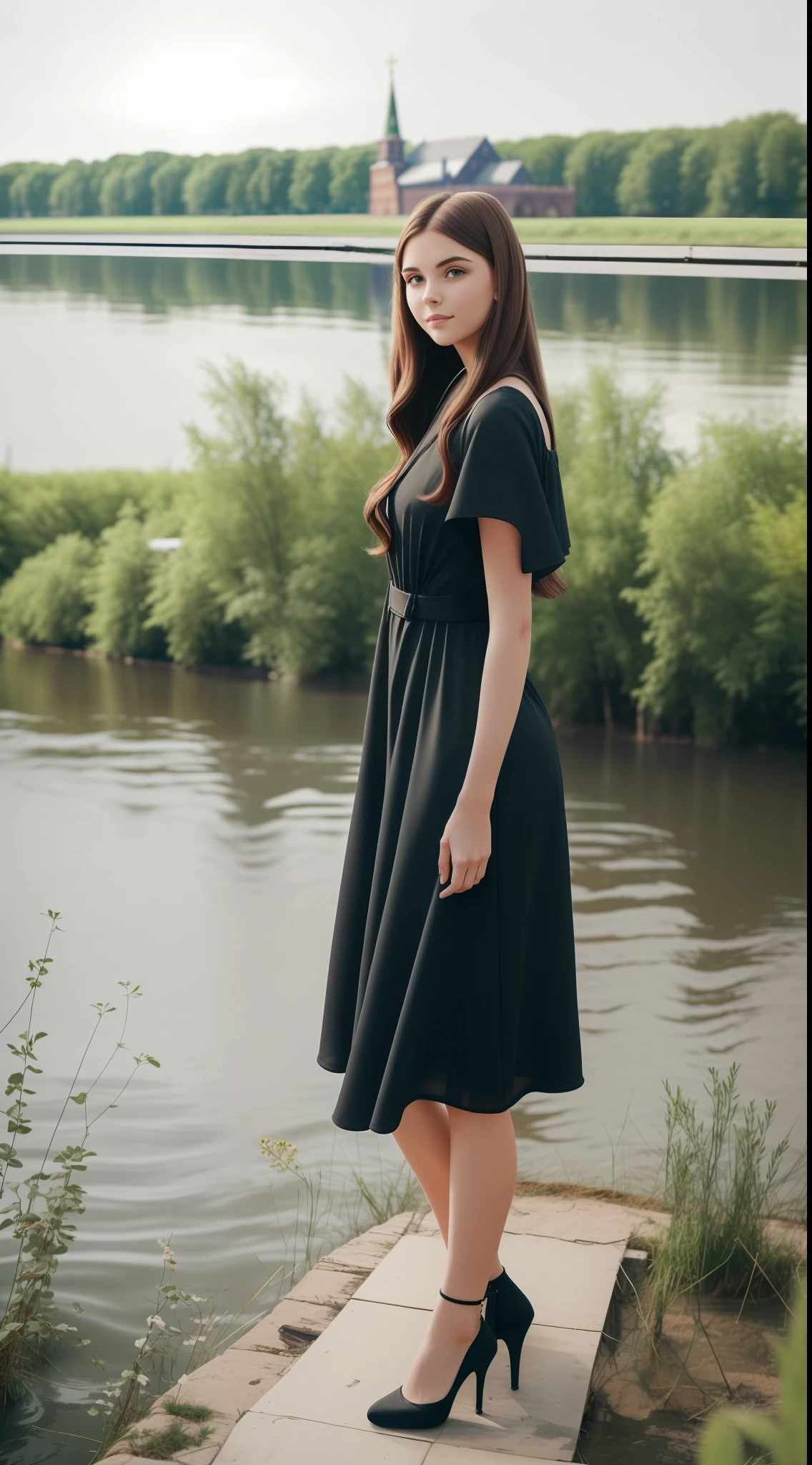 Young brunette woman in the Volga river, pale white skin, long hair, black dress, slightly chubby face, award winning photo, riverside, waters are flowing, Russian orthodox church in the background, vibrant, in riverdale tv show