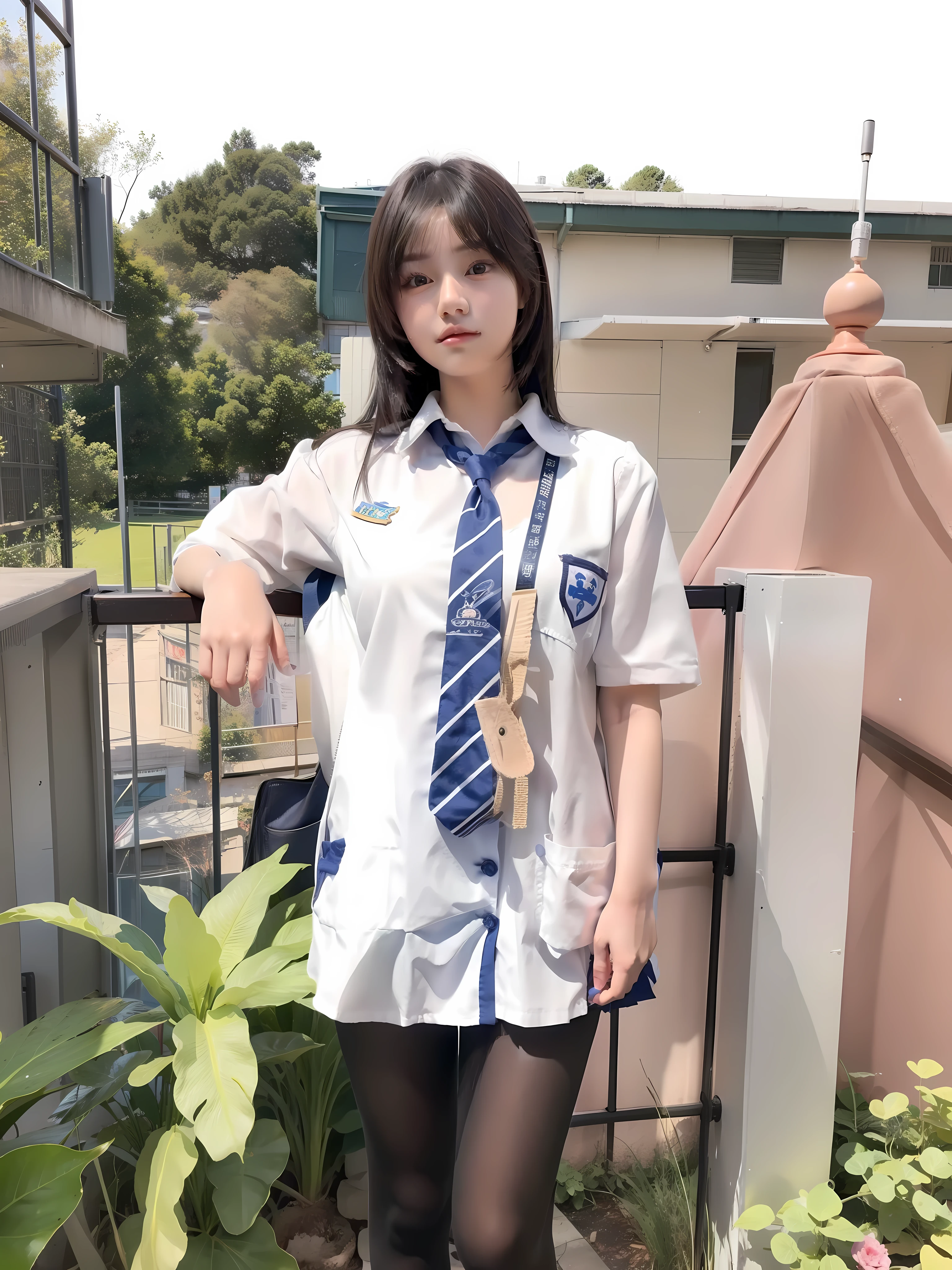 A cute age girl with bangs on school dress, sunlight shining on her, realistic, lookalike, look alike