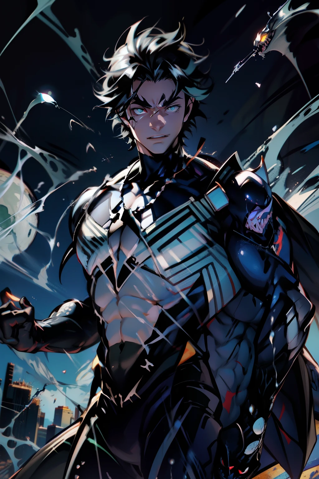 《the original god》Arataki Kazuto , male people, chest muscle, Sexy , Venom symbiote for your body, Black mucus of the body , into venom, venomize,Black bodysuit,(Cloak),Red cape,Abs,(Adult male)((Venom possession,venom symbiote)),over-Tortoise Man,Battle damage,((Masterpiece)), ((Best quality)), Ultra detailed,((illustration)), Dynamic Angle, Detailed light, (Delicate eyes), Floating, 1boy, Male focus, Head, Clothing, Yellow eyes, necklace, tattoo, (Forehead:0.8), (ahoge:0.8), jewelry, brunette color hair,apathy,Ray, chest muscle, Sexy , Venom symbiote for your body, Black mucus of the body , (into venom), Venom,frontage,Bust photo,White tight-fitting top,spiderman outfit,style of anime4 K, 4K anime wallpaper, Badass anime 8 K, 4 k comic wallpaper, young anime man, Anime boys, Anime wallpapers 4 k, Anime wallpaper 4K, High quality anime art style, Anime moe art style, Anime art wallpaper 8 K, Anime art wallpaper 4 K, RGB lighting,