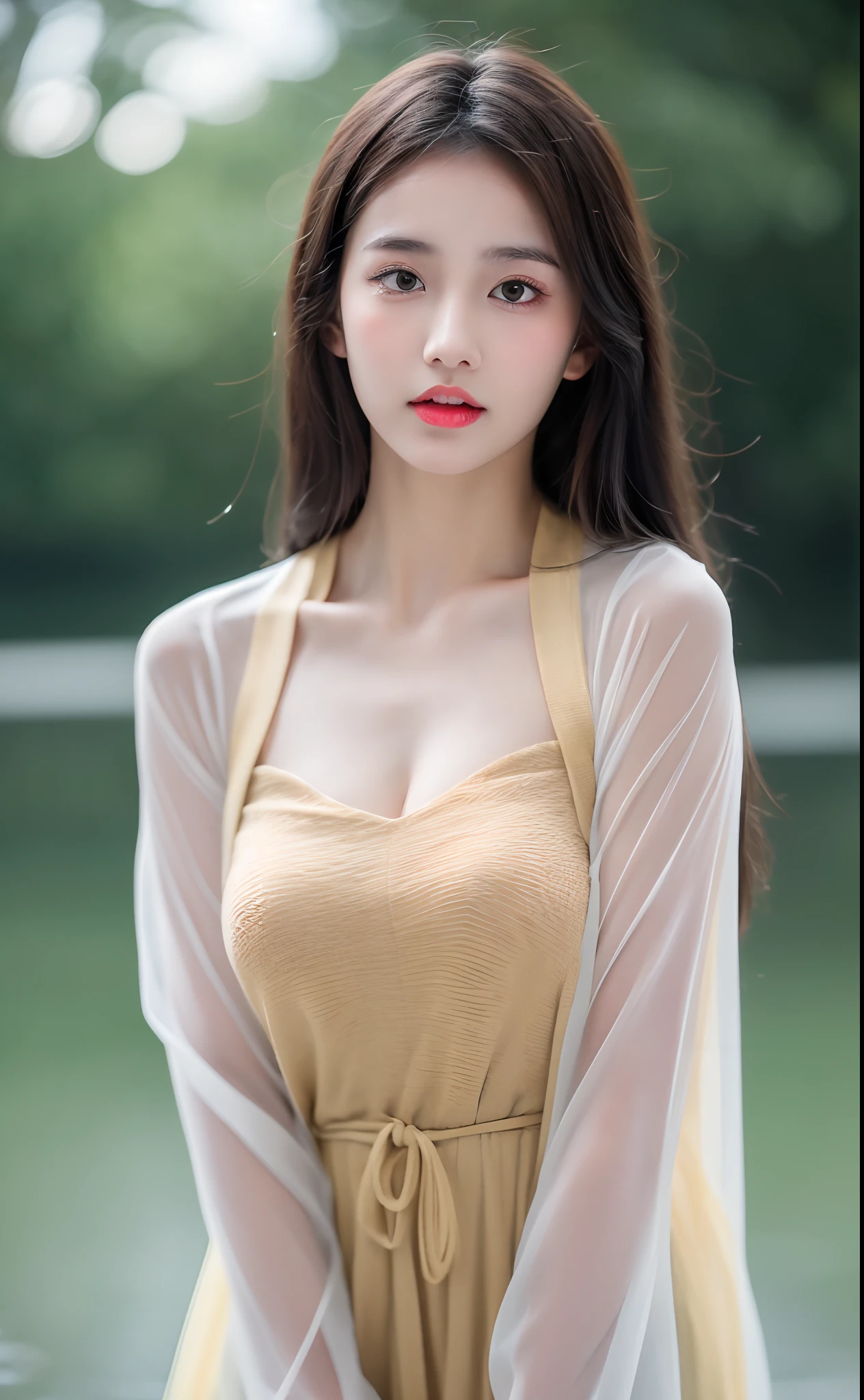 ((Best Quality, 8k, Masterpiece: 1.3)), Focus: 1.2, Perfect Body Beauty: 1.4, Buttocks: 1.2, ((Layered Haircut)), (Wet Clothes: 1.1), (Rain, Street:1.3), (Breasts: 1.2), (Hanfu: 1.2), Bare Shoulders, Bare Legs, Highly Detailed Face and Skin Texture, Fine Eyes, Double Eyelids, Whitened Skin, Long Hair, (Shut Up: 1.5), (Bokeh Background: 1.5), Big Breasts