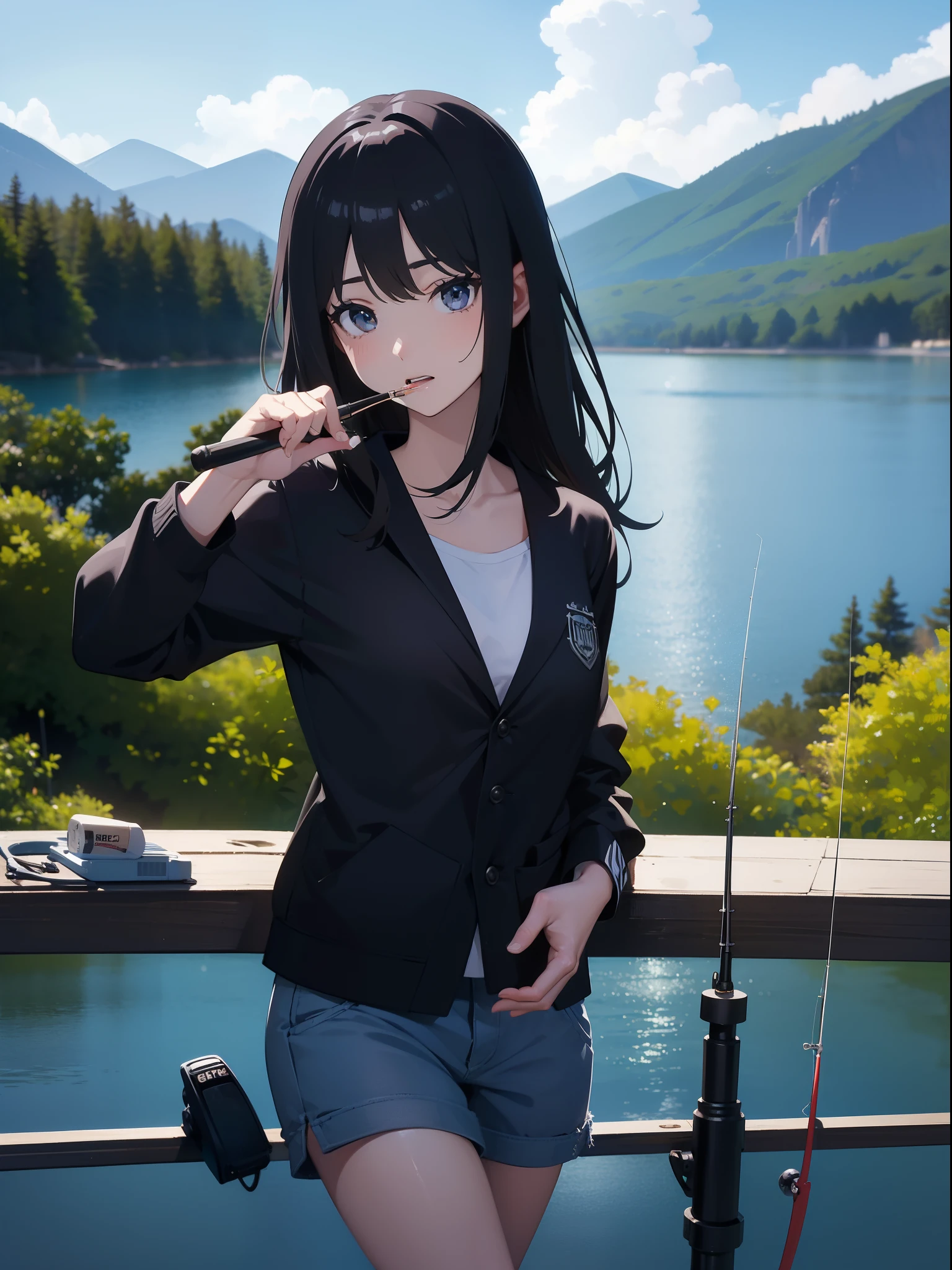 ((((holding a fishing rod by the lake)))),((Best Quality, masutepiece :1.3)),hight resolution,ultra-detailliert,Official art,Beauty and aesthetics,masterpiece,best qualtiy,ighly detailed,1 japanese girl,Black hair, long eyeslashes, Solid Circle Eyes, deadpan, drop shadow, Atmospheric perspective,Super Detail, ccurate, Best Quality, small tits,Black jacket,