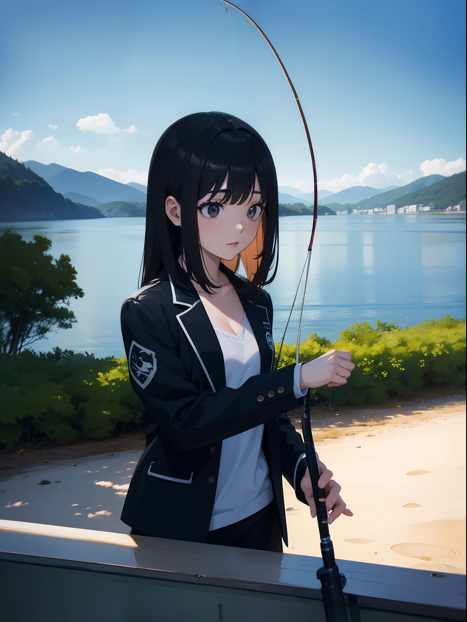 ((((holding a fishing rod by the lake)))),((Best Quality, masutepiece :1.3)),hight resolution,ultra-detailliert,Official art,Beauty and aesthetics,​masterpiece,best qualtiy,ighly detailed,1 japanese girl,Black hair, long eyeslashes, Solid Circle Eyes, deadpan, drop shadow, Atmospheric perspective,Super Detail, ccurate, Best Quality, small tits,Black jacket,