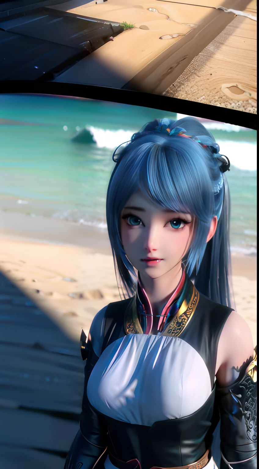 raw,and its detailed CG unity 8K wallpaper,tmasterpiece,Works of masters,best qualtiy,Super detailed details,Highest high resolution,(illustratio),Beach background by the sea,Kizi,are standing,posing on a,full bodyesbian,Exquisite facial features,Blue hair on the waist,dual horsetail,High ponytail,Split double ponytail,hair adornments,adolable,sprout,Lori huge breasts cleavage,Blue pupils,big and round eyes,Smart eyes,(Summer outfit:White tulle),(mediuml breasts:C cup),best illuminate,Vivid and bright,softlighting,cyber punk perssonage,Very clear facial features,dynamic angle,best angle