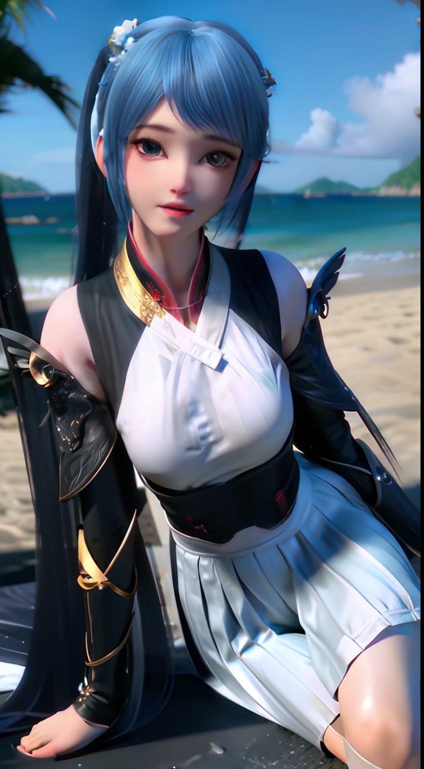 raw,and its detailed CG unity 8K wallpaper,tmasterpiece,Works of masters,best qualtiy,Super detailed details,Highest high resolution,(illustratio),Beach background by the sea,Kizi,are standing,posing on a,full bodyesbian,Exquisite facial features,Blue hair on the waist,dual horsetail,High ponytail,Split double ponytail,hair adornments,adolable,sprout,Lori huge breasts cleavage,Blue pupils,big and round eyes,Smart eyes,(Summer outfit:White tulle),(mediuml breasts:C cup),best illuminate,Vivid and bright,softlighting,cyber punk perssonage,Very clear facial features,dynamic angle,best angle