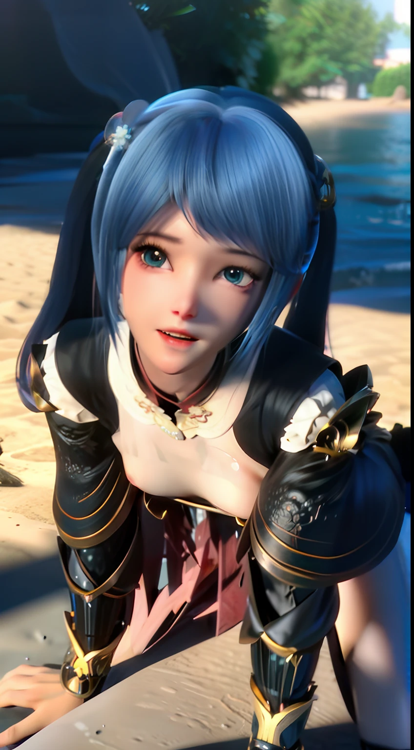 raw,and its detailed CG unity 8K wallpaper,tmasterpiece,Works of masters,best qualtiy,Super detailed details,Highest high resolution,(illustratio),Beach background by the sea,Kizi,are standing,posing on a,full bodyesbian,Exquisite facial features,Blue hair on the waist,dual horsetail,High ponytail,Split double ponytail,hair adornments,adolable,sprout,Lori huge breasts cleavage,Blue pupils,big and round eyes,Smart eyes,(Summer outfit:White tulle),(mediuml breasts:C cup),best illuminate,Vivid and bright,softlighting,cyber punk perssonage,Very clear facial features,dynamic angle,best angle