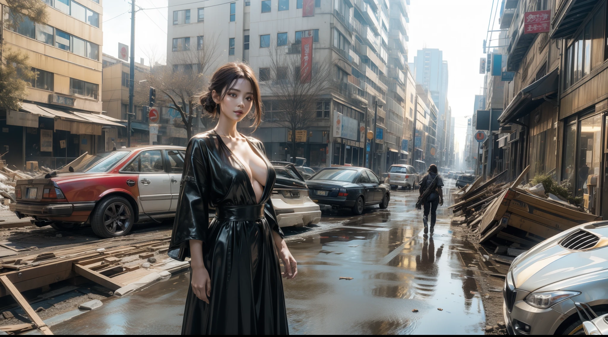 （（best qualtiy））， （（tmasterpiece））， （（Realistis））， （A detailed）， （realisticlying：1.5），illusory engine， (High detail: 1.9)，（femele：1.4），（big breasts beautiful： 1.4),(carismatic:1.3)， （Large breasts）， Female angel，Black feathered wings，beuaty girl，beauitful face， looking at viewert， dynamicposes， postapocalyptic， Destroyed city background， scientific fiction， hdr， Ray traching， NVIDIA RTX， Hyper-Resolution， Unreal 5， sub surface scattering， PBR textures， Post-processing， Anisotropic filtering， depth of fields， Maximum clarity and sharpness， trichotomy，8K original，（Luminous Particle：1.4），（VerydetailedCG，Unity 8k壁纸，cinmatic lighting，lens flare glow），Reflectors，Sharp focus，black toga