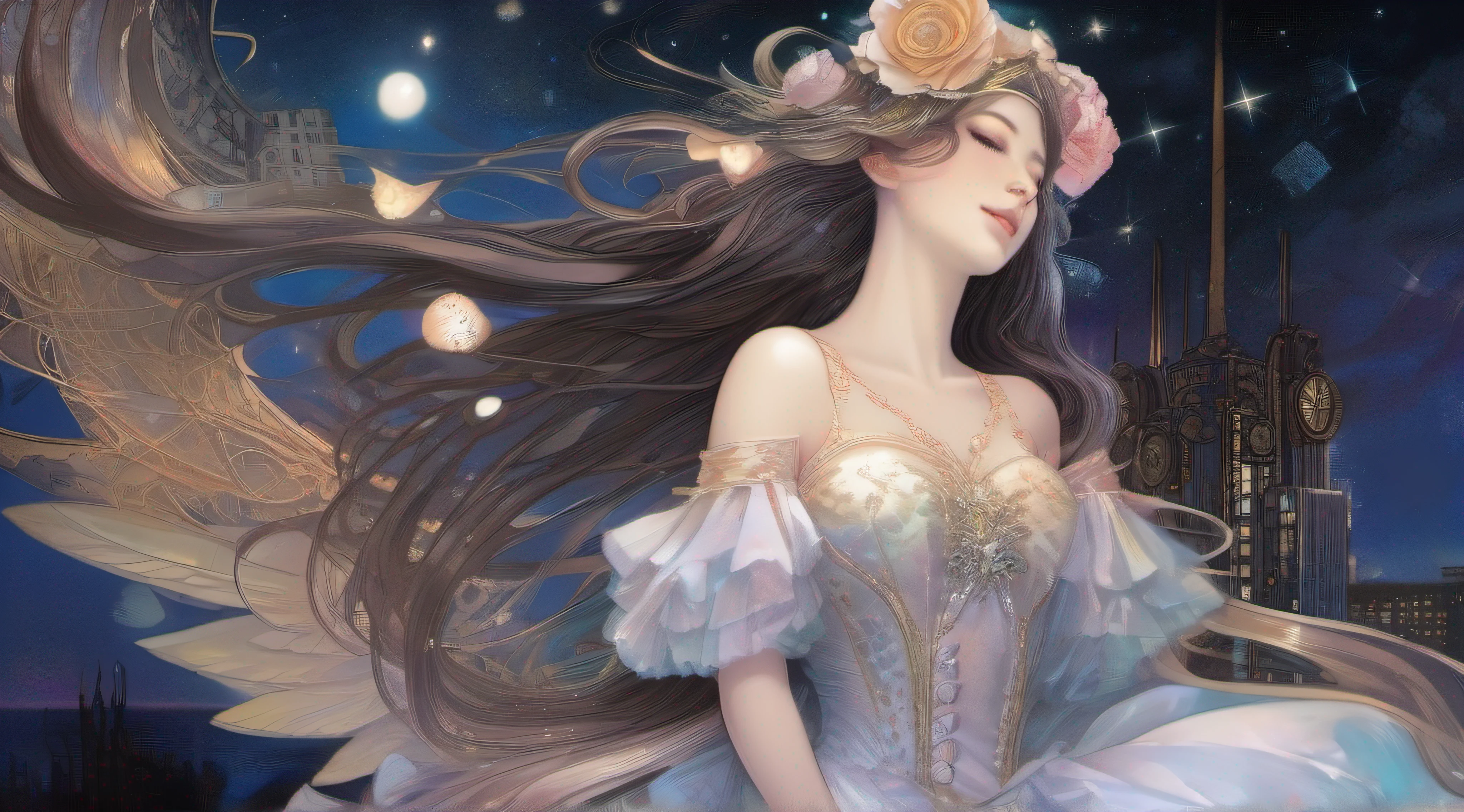 Corrupt mozart above unfaithful hand cradling her sitting atop a steampunk skyscraper against a giant pulsating starry night sky, iridescent corona glowing from beyond, gentle caresses on her chest, lush petals adorn her face, long-haired thin angelic celestial hair, art by Range Murata and
