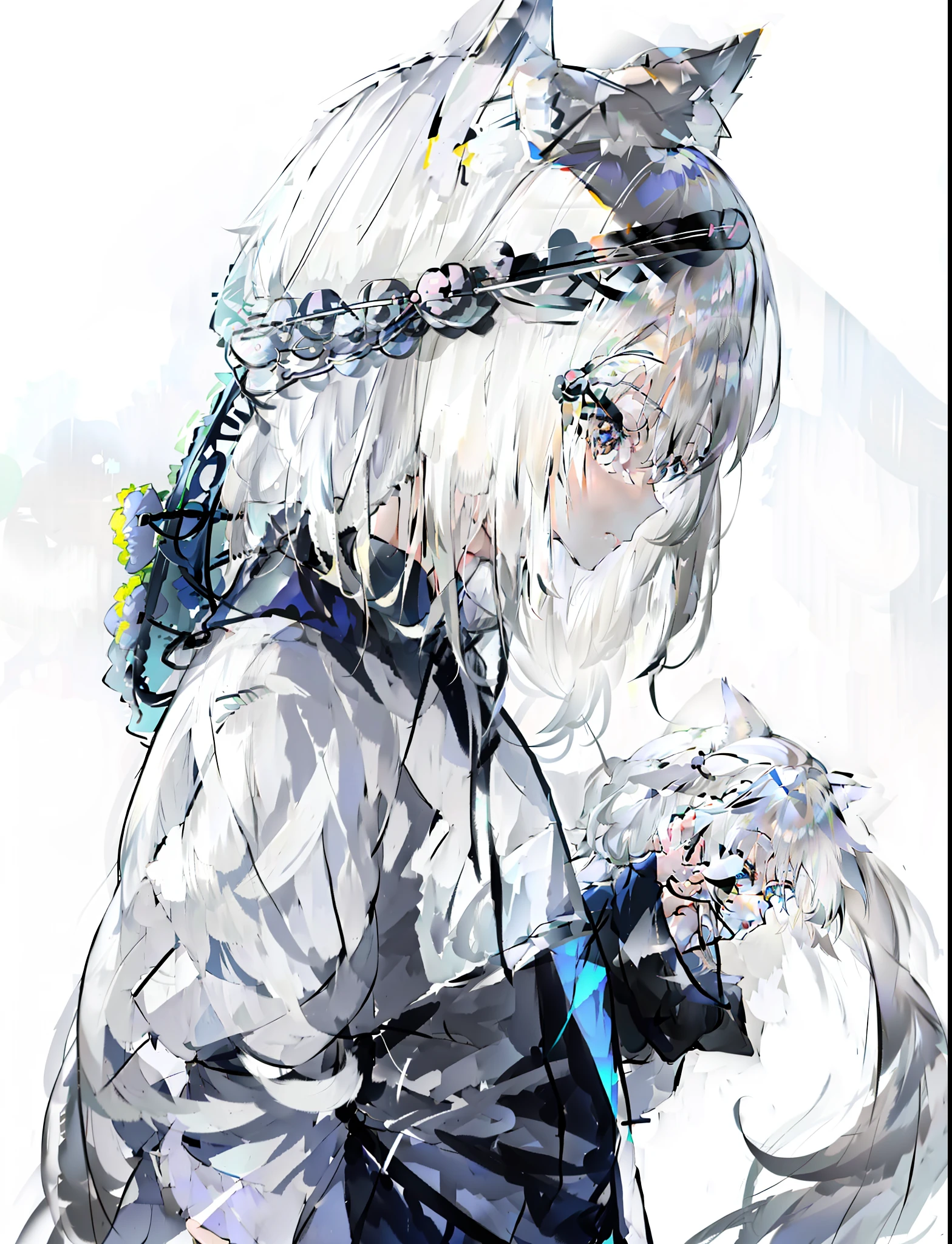 Anime girl with long white hair and black jacket holding flowers, Silver hair (pony tails), White-haired fox, From Arknights, beautiful anime catgirl, anime girl profile, anime girl with cat ears, with index finger, female anime character, anime figure, cute anime catgirl, (Anime girl), An anime girl, Holo is a wolf girl