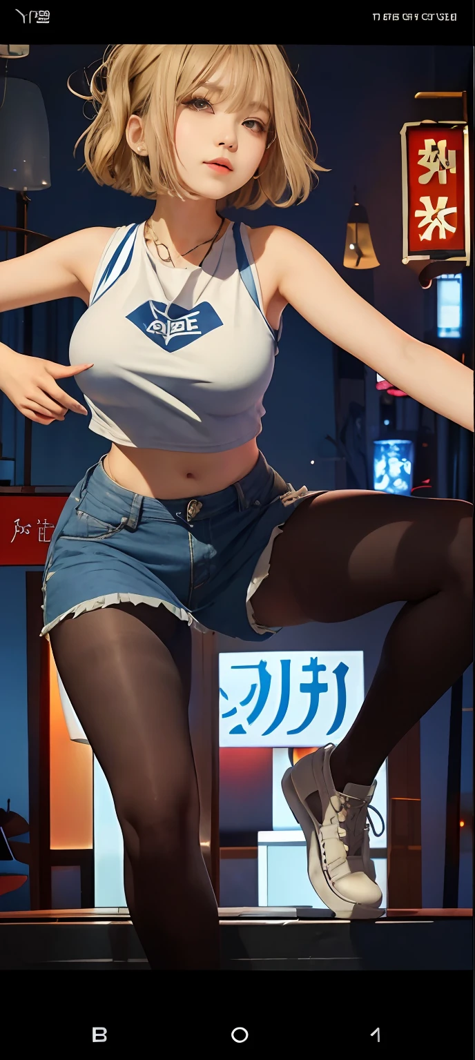 17-year-old cool Korean, big round breasts, cleavage, cropped tank top, skirt, beautiful eyes in every detail, eyelashes, beautiful double eyelids, eyeshadow, hanging eyes, slit eyes, thin beautiful thighs, beautiful thin legs, perfect eye makeup, ((seductive smile, quizza look, evil look)), glass room, kneeling on a big bed, brown hair, bob cut, hands raised, put your hands on your head, long hair