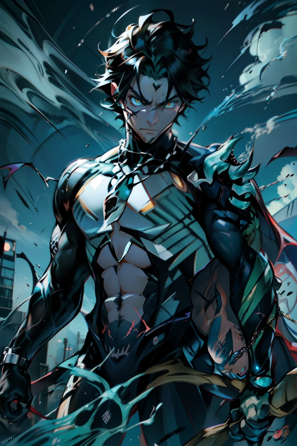 《the original god》Arataki Kazuto , male people, chest muscle, Sexy , Venom symbiote for your body, Black mucus of the body , into venom, venomize,Black bodysuit,(Cloak),Red cape,Abs,(Adult male)((Venom possession,venom symbiote)),over-Tortoise Man,Battle damage,((Masterpiece)), ((Best quality)), Ultra detailed,((illustration)), Dynamic Angle, Detailed light, (Delicate eyes), Floating, 1boy, Male focus, Head, Clothing, Yellow eyes, necklace, tattoo, (Forehead:0.8), (ahoge:0.8), jewelry, brunette color hair,apathy,Ray, chest muscle, Sexy , Venom symbiote for your body, Black mucus of the body , (into venom), Venom,frontage,Bust photo,White tight-fitting top,spiderman outfit,style of anime4 K, 4K anime wallpaper, Badass anime 8 K, 4 k comic wallpaper, young anime man, Anime boys, Anime wallpapers 4 k, Anime wallpaper 4K, High quality anime art style, Anime moe art style, Anime art wallpaper 8 K, Anime art wallpaper 4 K, RGB lighting,