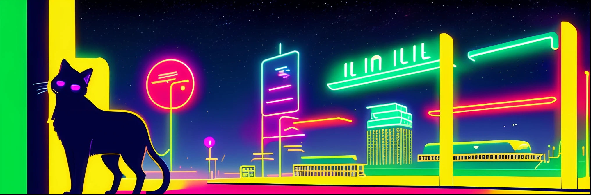 a cat standing in front of a neon illuminated wall of text, zoom out, concept art, by Emiliano Ponzi, by Chris Ware, science fiction, ((8k, high resolution, ultra detailed)), (((sharp lines))), (neon frame)