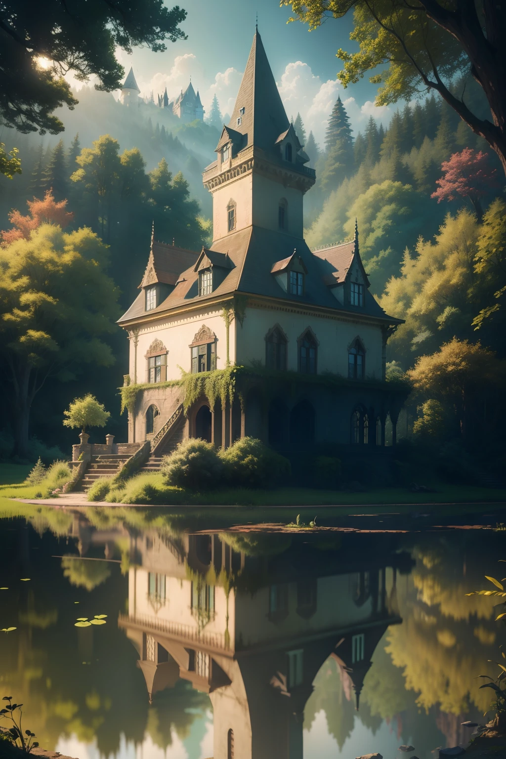 Old painting style, Abandoned overgrown castle mansion in the forest, Supersaturation, princess tower, gazebo, Balcony, Colorful, Highly detailed, high resolution, ray-traced reflection, Dramatic lighting, 8k vibrant colours, Detailed acrylic, intricate complexity, soft natural volumetric cinematic perfect light, Oil painting