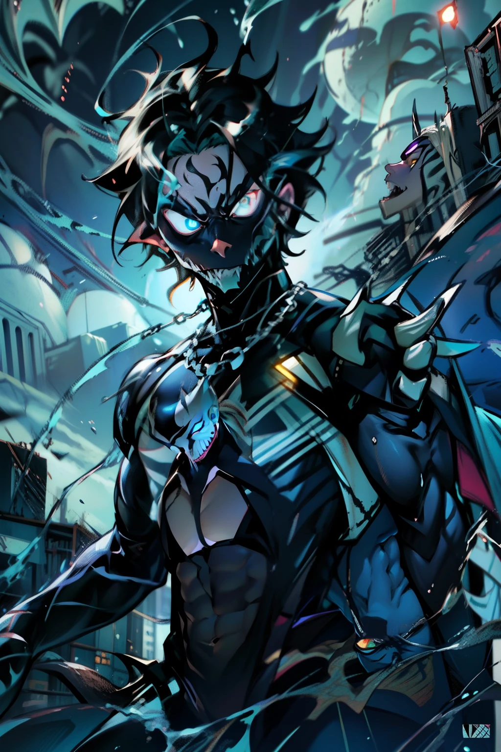 《the original god》Arataki Kazuto , male people, chest muscle, Sexy , Venom symbiote for your body, Black mucus of the body , into venom, venomize,Black bodysuit,(Cloak),Red cape,Abs,(Adult male)((Venom possession,venom symbiote)),over-Tortoise Man,Battle damage,((Masterpiece)), ((Best quality)), Ultra detailed,((illustration)), Dynamic Angle, Detailed light, (Delicate eyes), Floating, 1boy, Male focus, Head, Clothing, Yellow eyes, necklace, tattoo, (Forehead:0.8), (ahoge:0.8), jewelry, brunette color hair,apathy,Ray, chest muscle, Sexy , Venom symbiote for your body, Black mucus of the body , (into venom), Venom,frontage,Bust photo,White tight-fitting top,spiderman outfit,style of anime4 K, 4K anime wallpaper, Badass anime 8 K, 4 k comic wallpaper, young anime man, Anime boys, Anime wallpapers 4 k, Anime wallpaper 4K, High quality anime art style, Anime moe art style, Anime art wallpaper 8 K, Anime art wallpaper 4 K, RGB lighting,