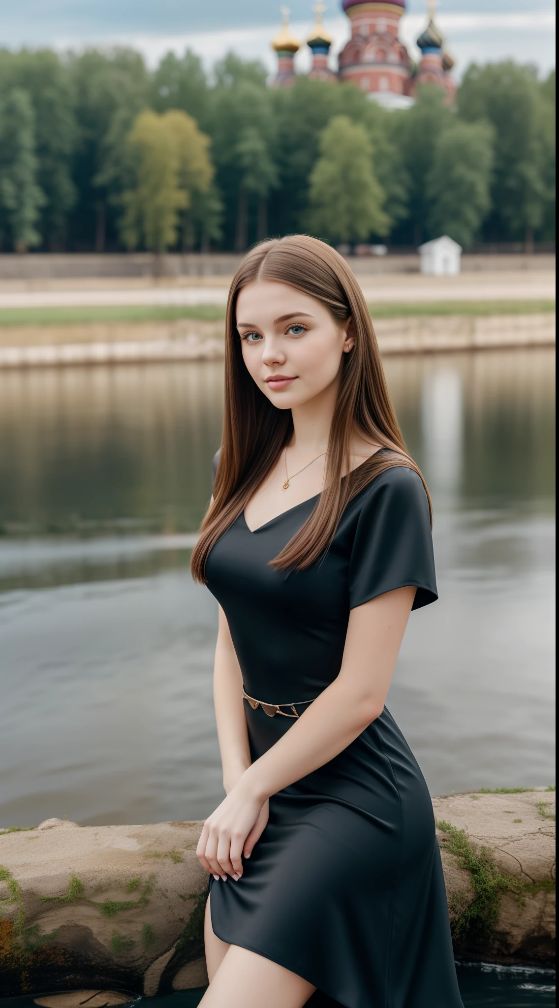 Young brunette woman in the Volga river, pale white skin, long hair, black dress, slightly chubby face, award winning photo, riverside, waters are flowing, Russian orthodox church in the background, vibrant, in riverdale tv show